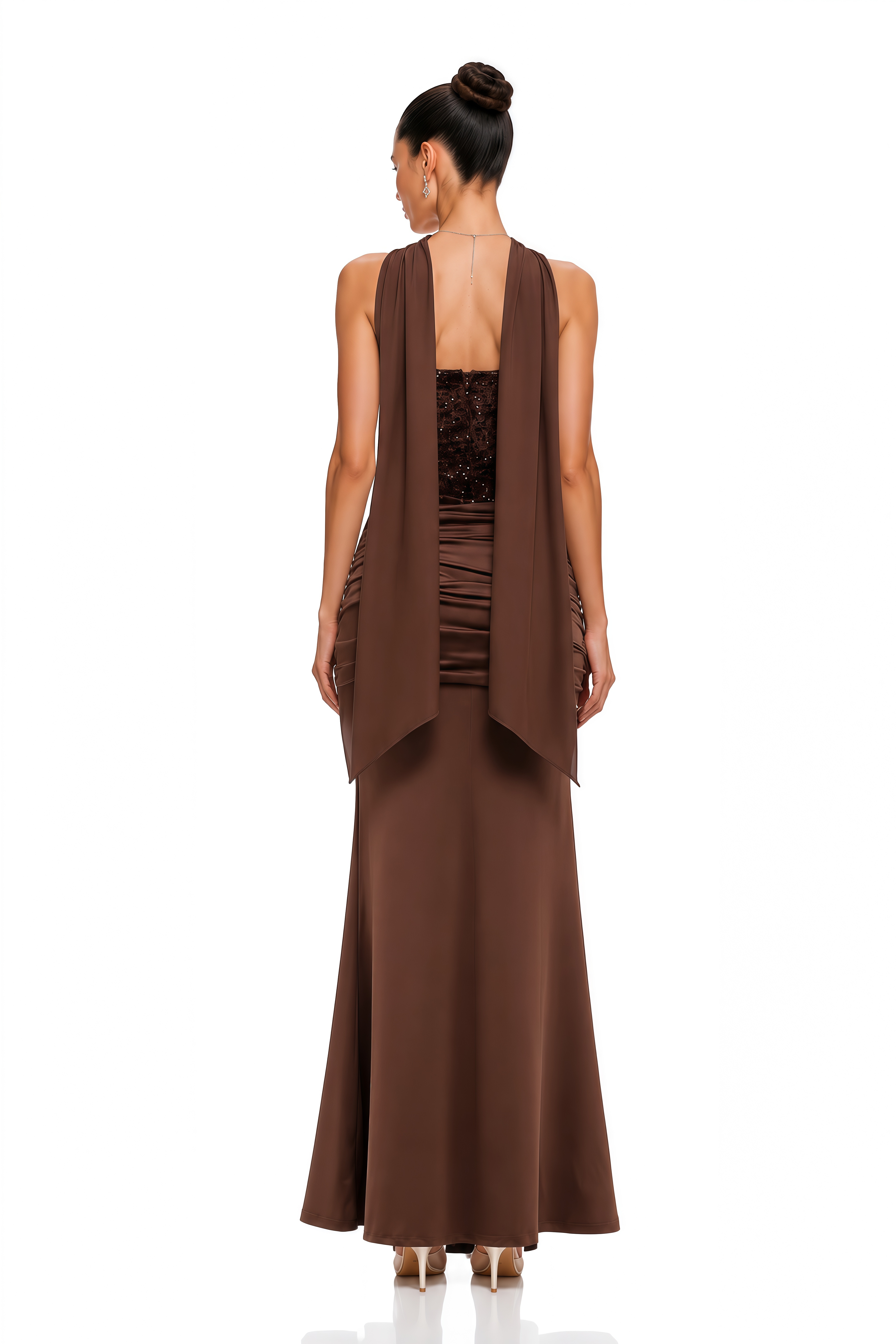 Christine Brown Off Shoulder Draped Maxi Dress