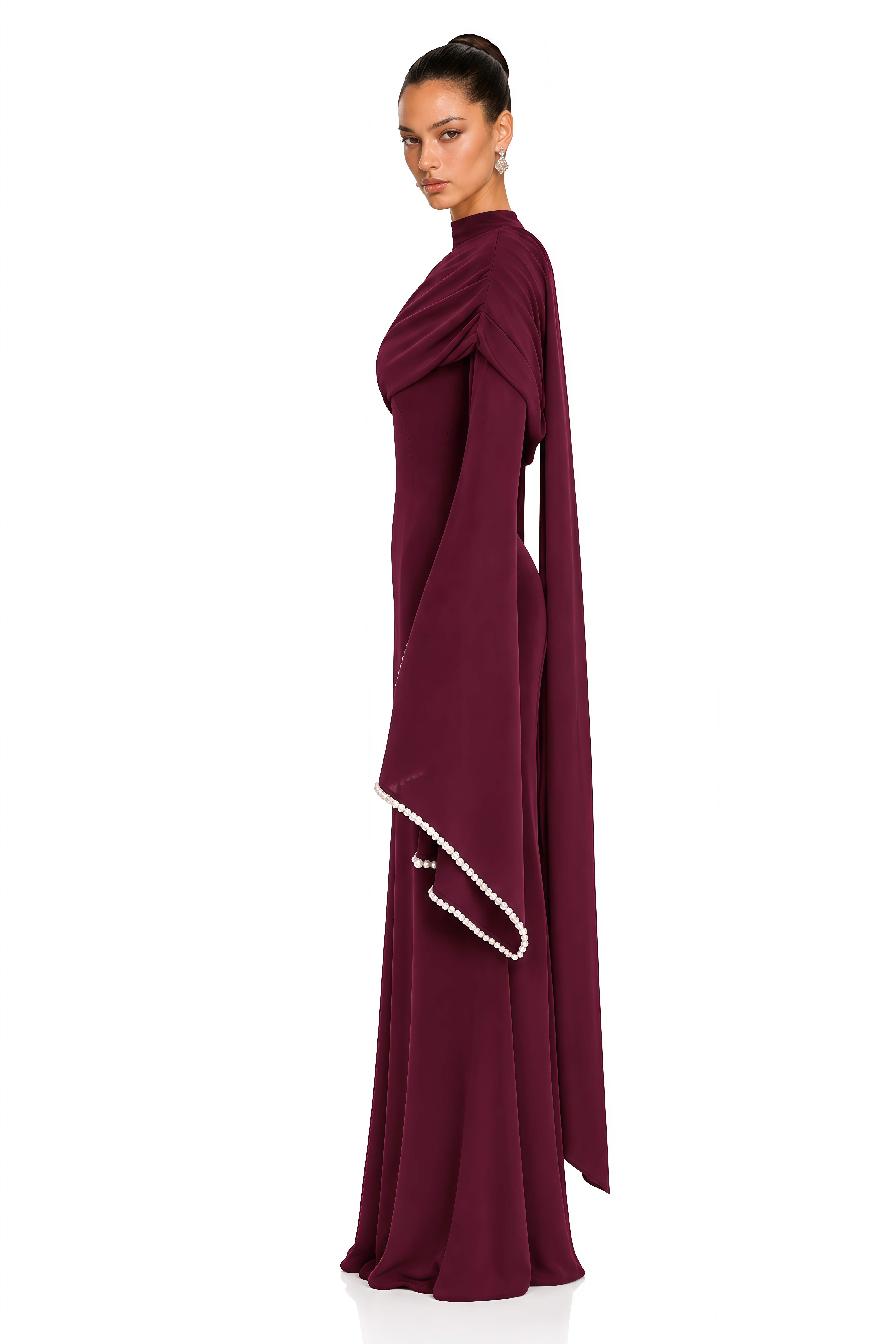 Simona Burgundy One Shoulder Pearl Trim Maxi Gown