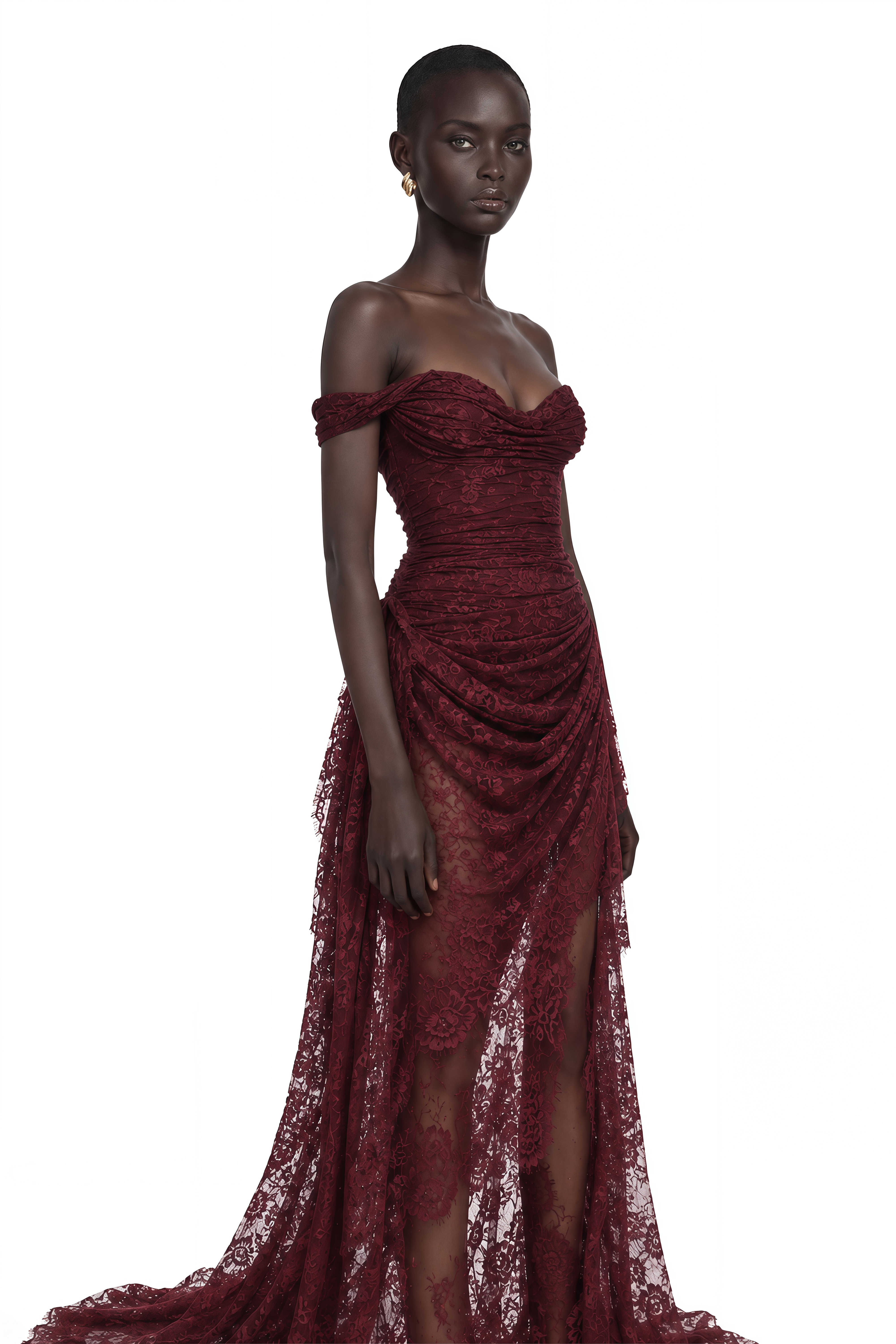 Eline Burgundy Ruched Floral Lace Gown