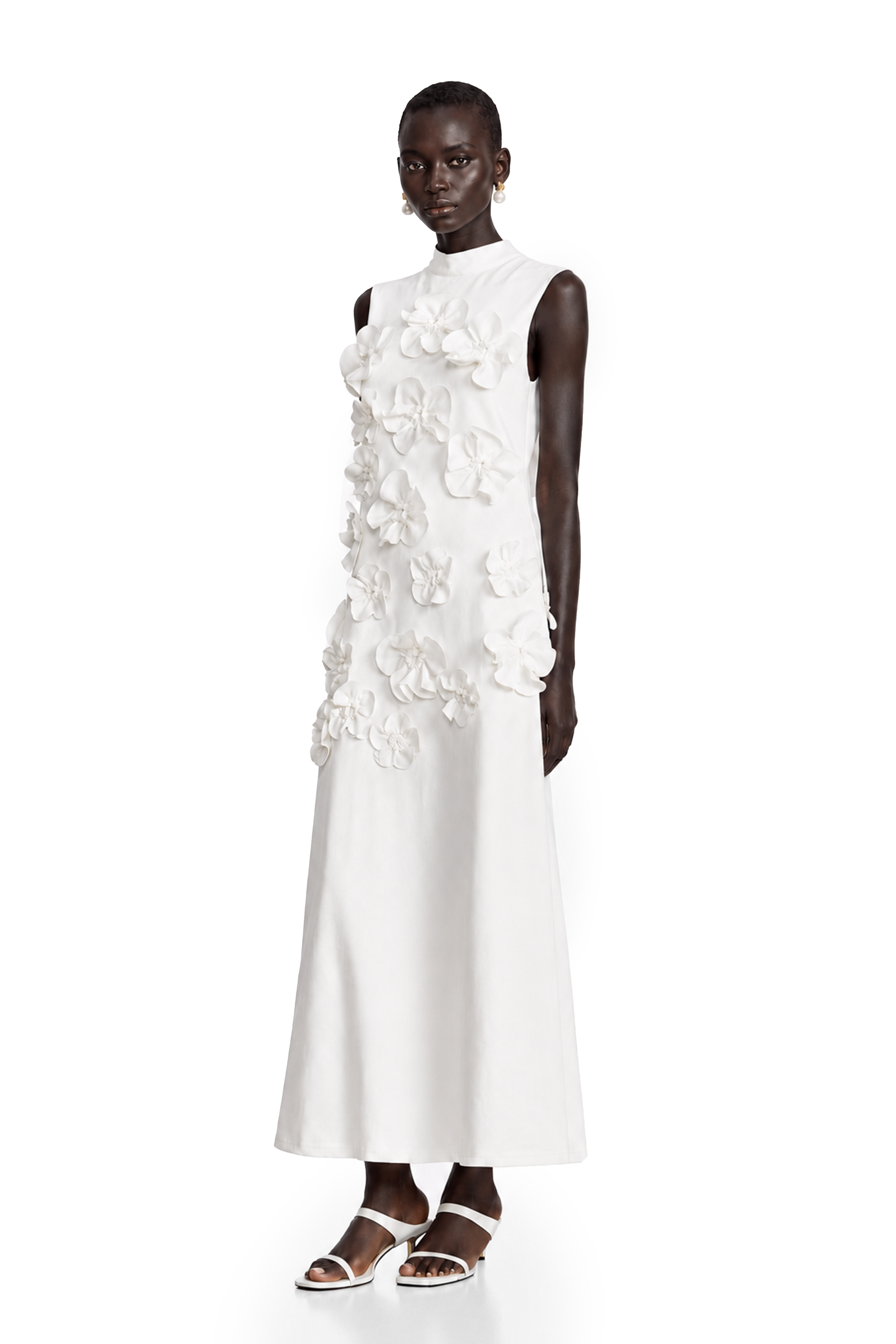 White sleeveless high-neck midi dress with 3D floral embellishments
