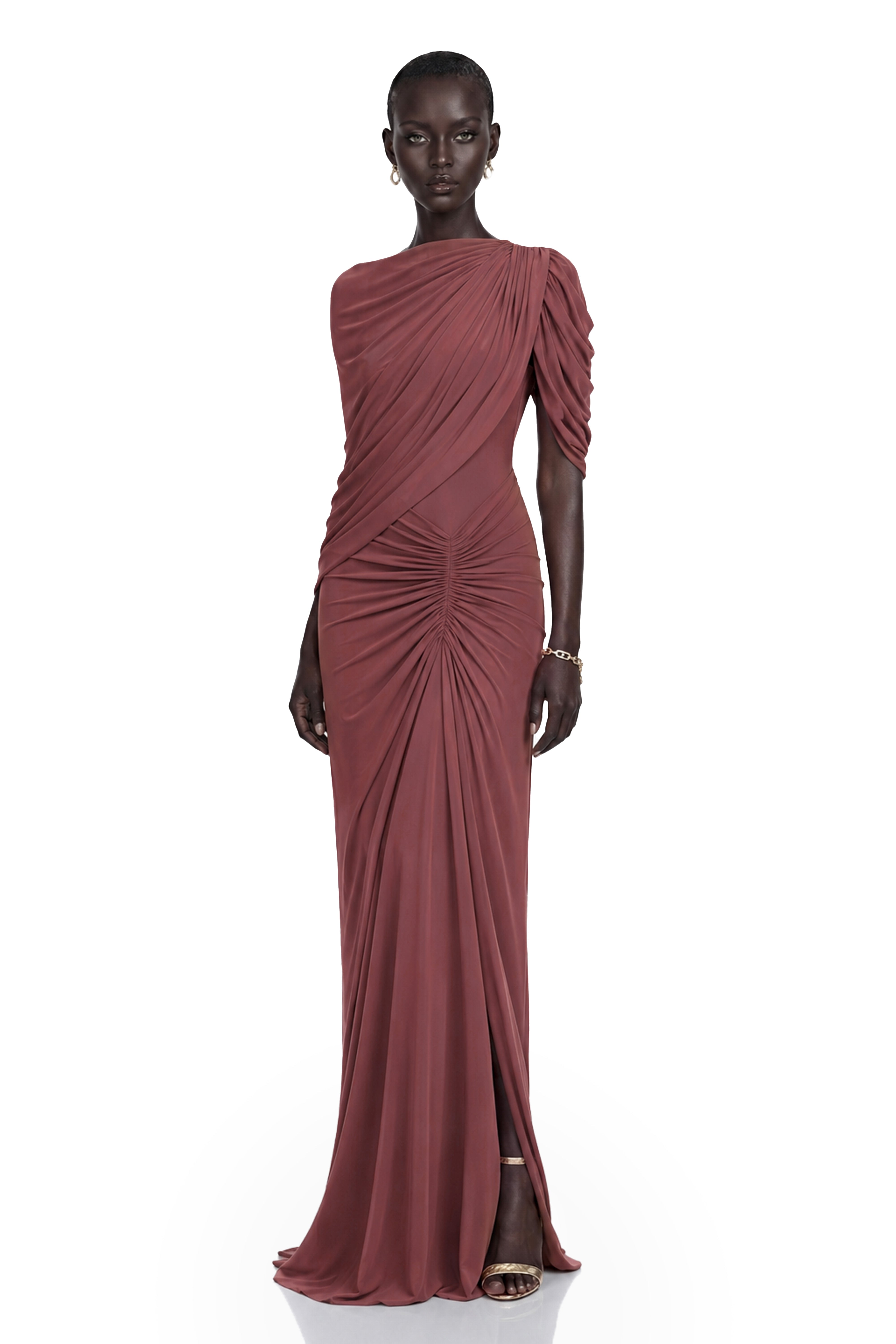 Dusty rose draped one-shoulder gown with center ruching