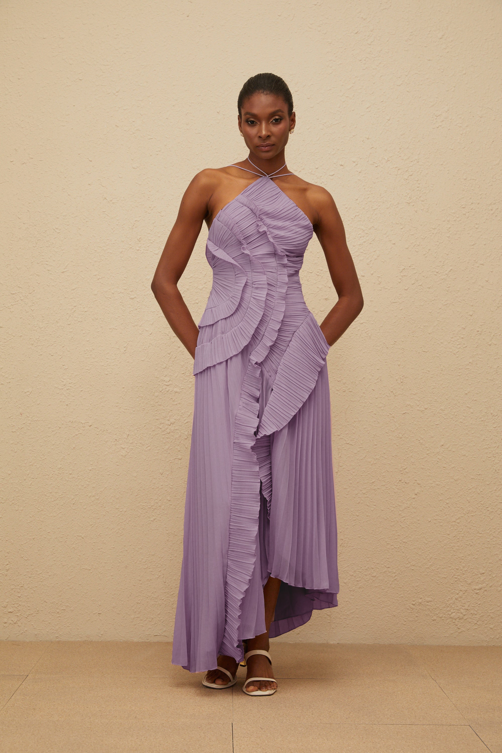 Lavender Ruffled Pleated Midi Dress