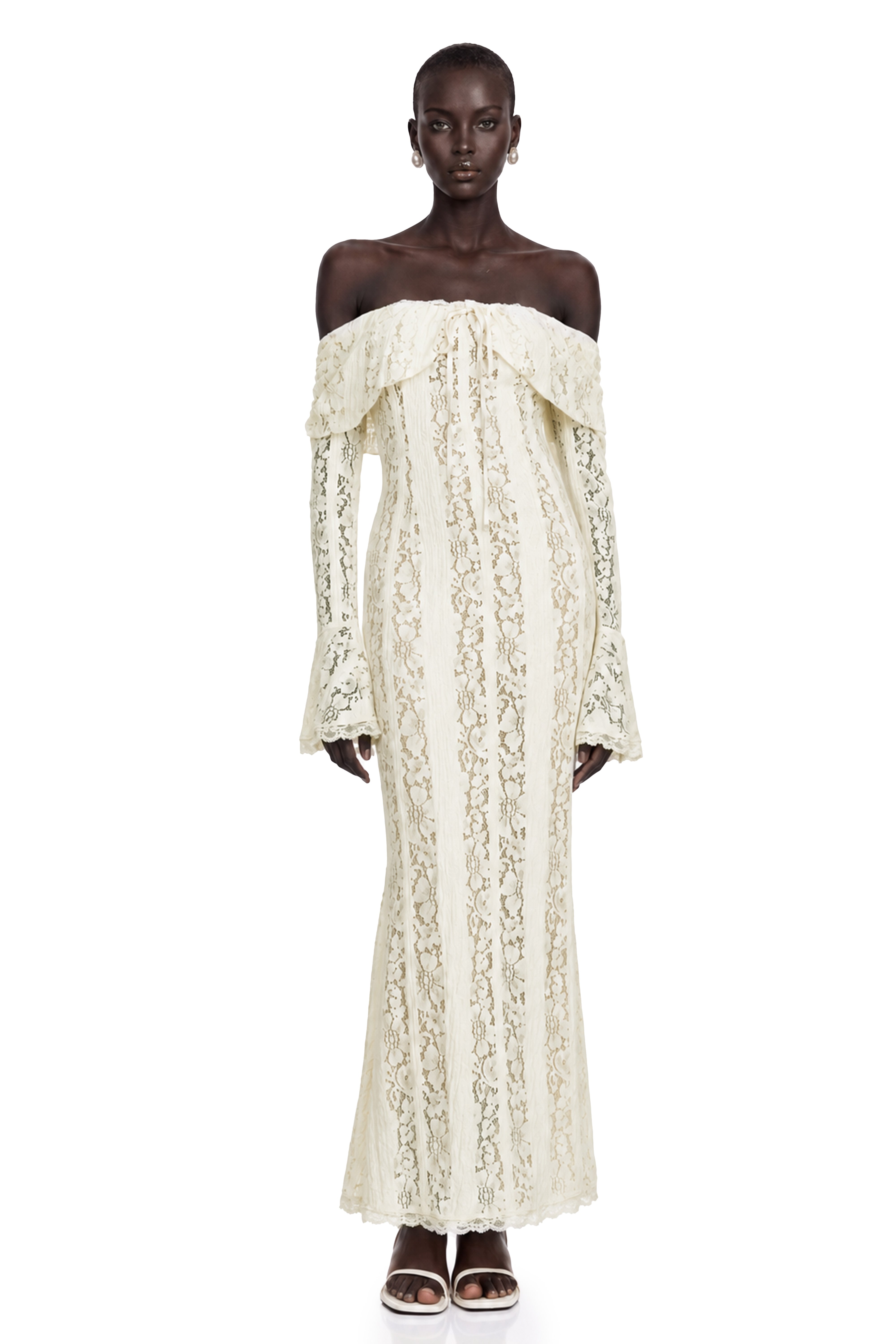 Cream off-the-shoulder lace gown with long bell sleeves