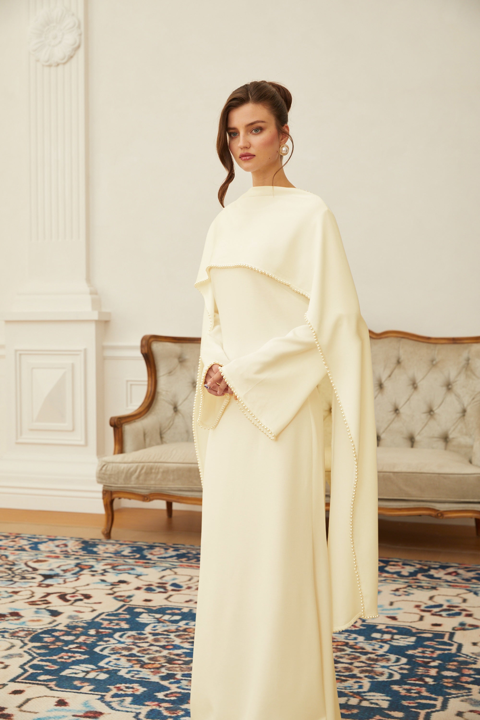 Pearl Trim Shawl Detail Maxi Dress