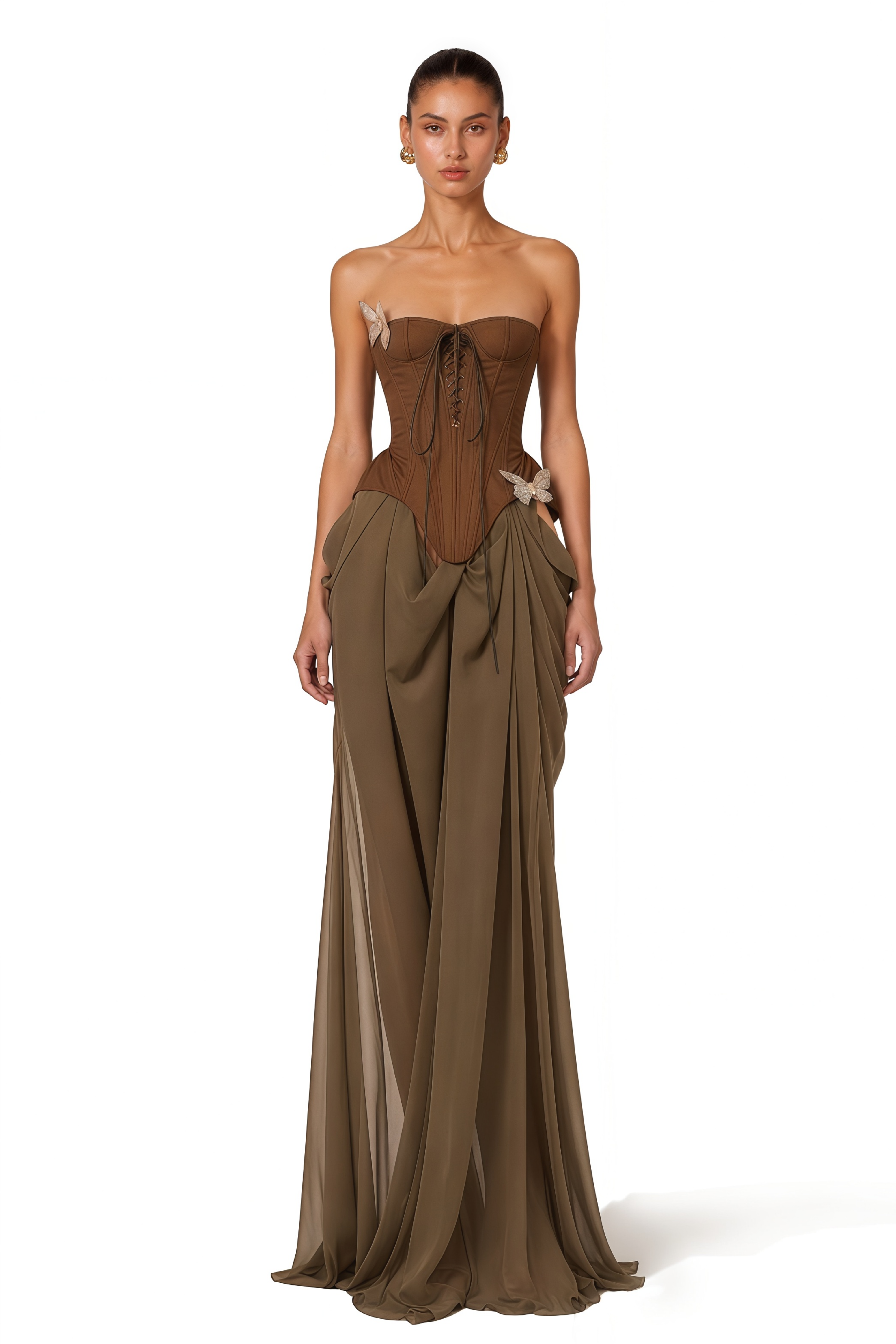 Eva Brown Butterfly-Pin-Detail Corset Maxi Dress