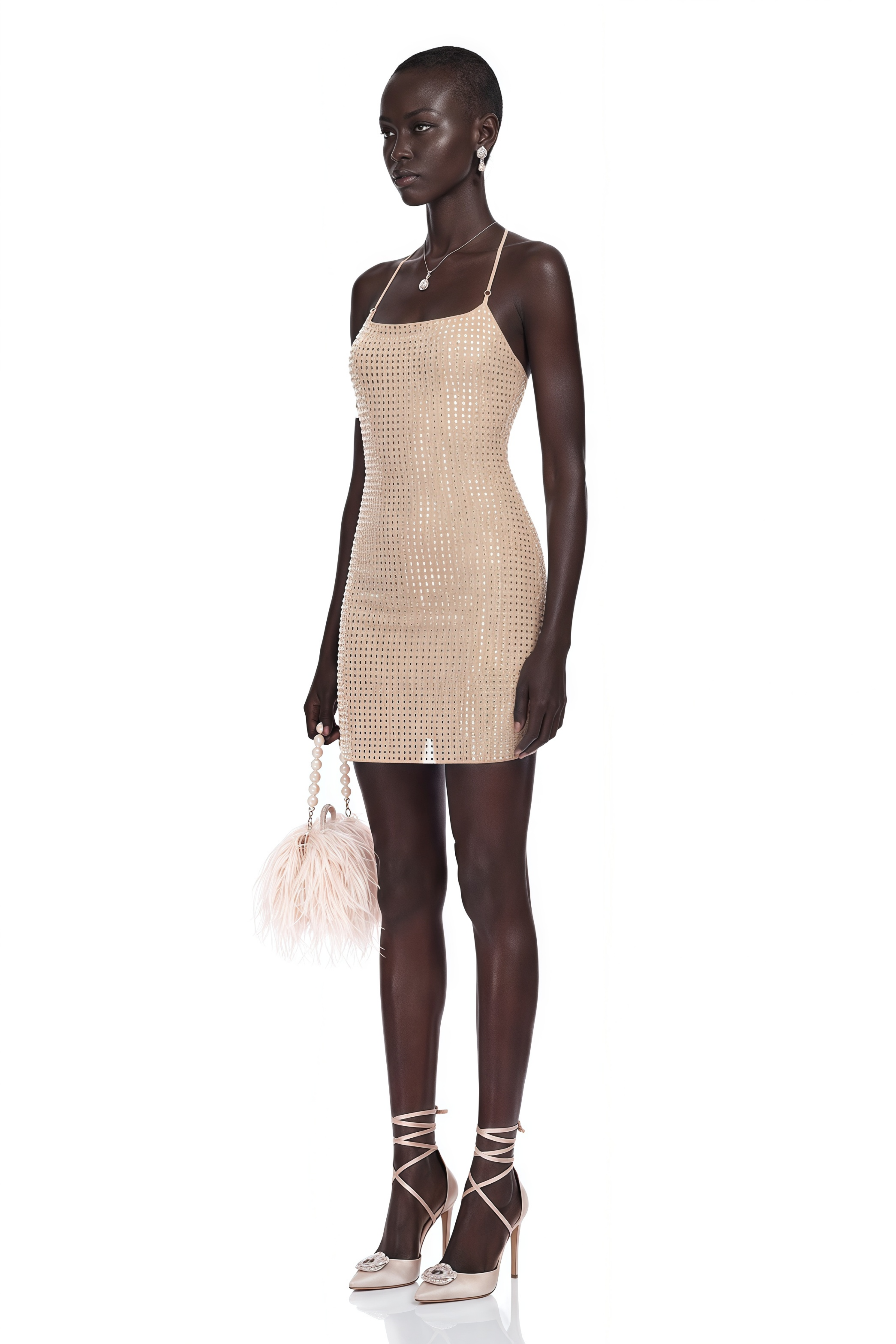 Bblythe Neutral Halterneck Rhinestone Mini Dress