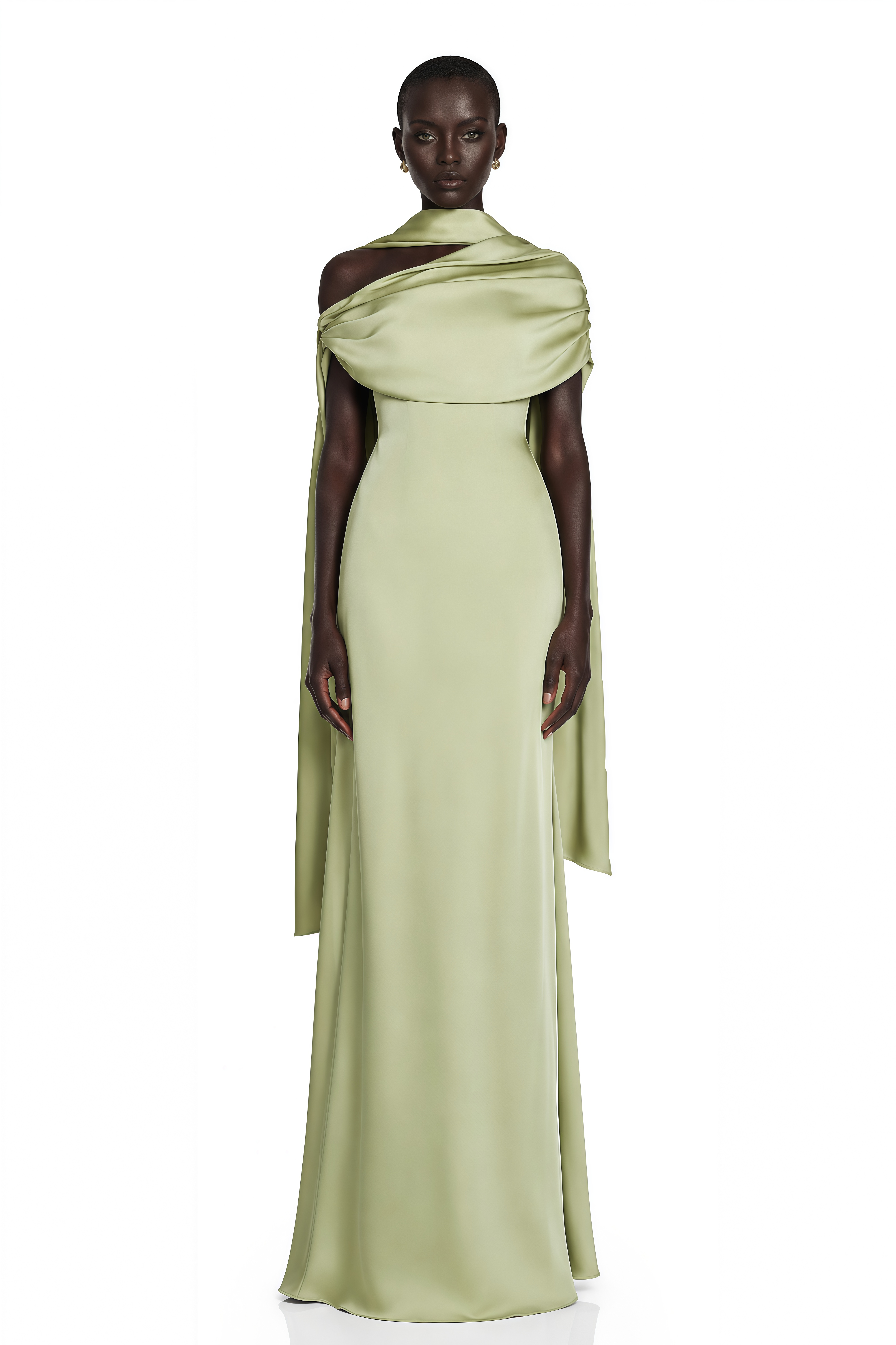 Light sage green draped satin gown with cape detail