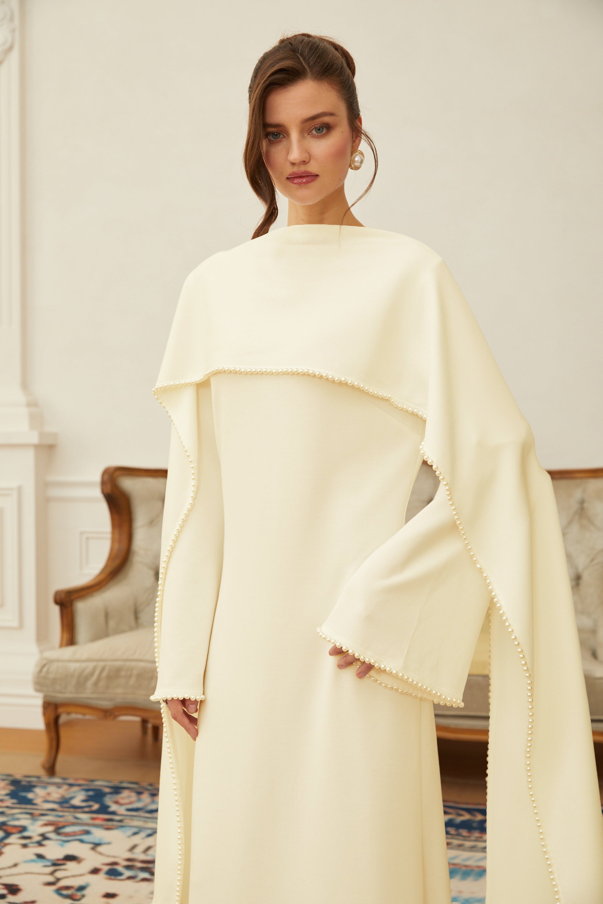 Pearl Trim Shawl Detail Maxi Dress