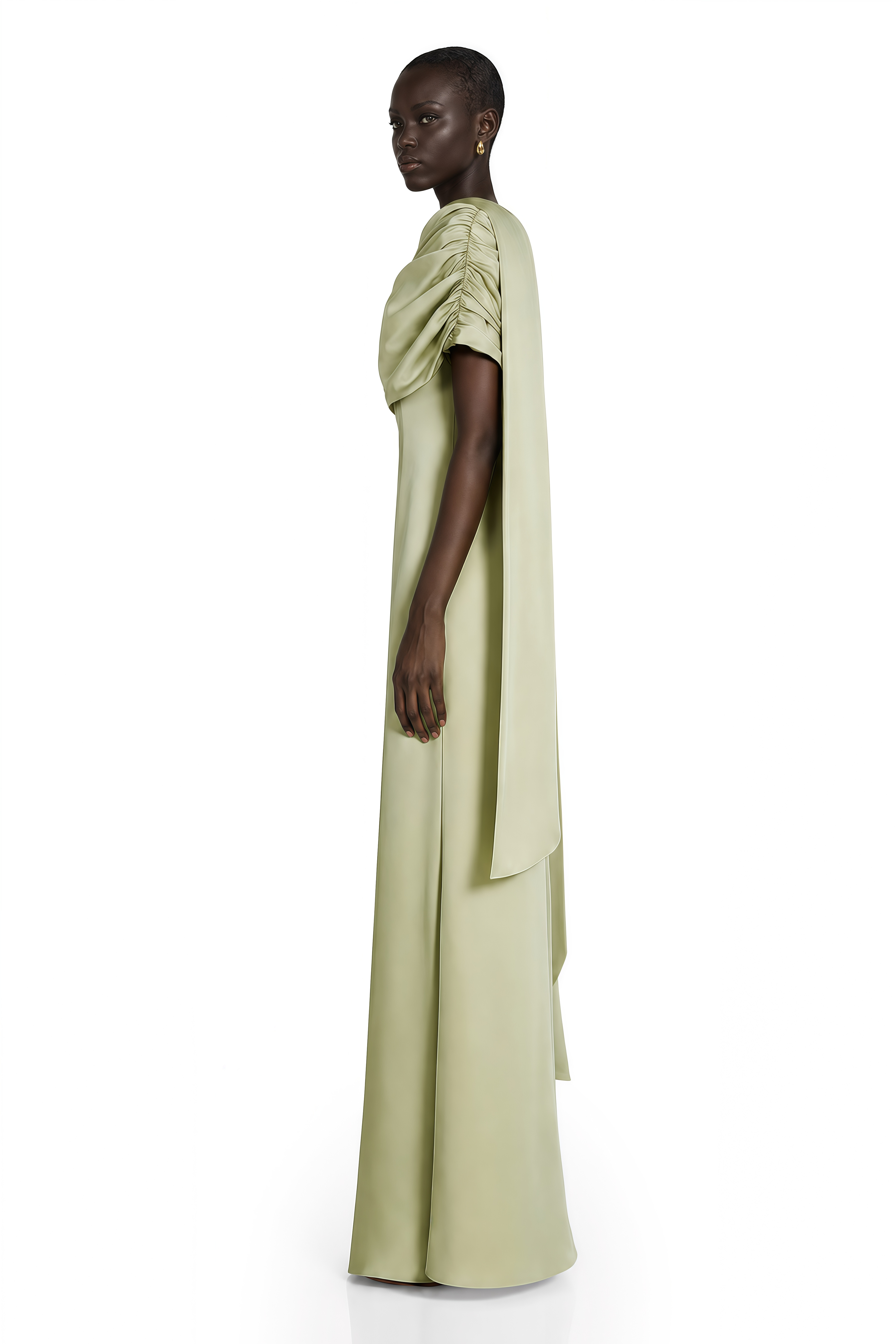 Light sage green draped satin gown with cape detail