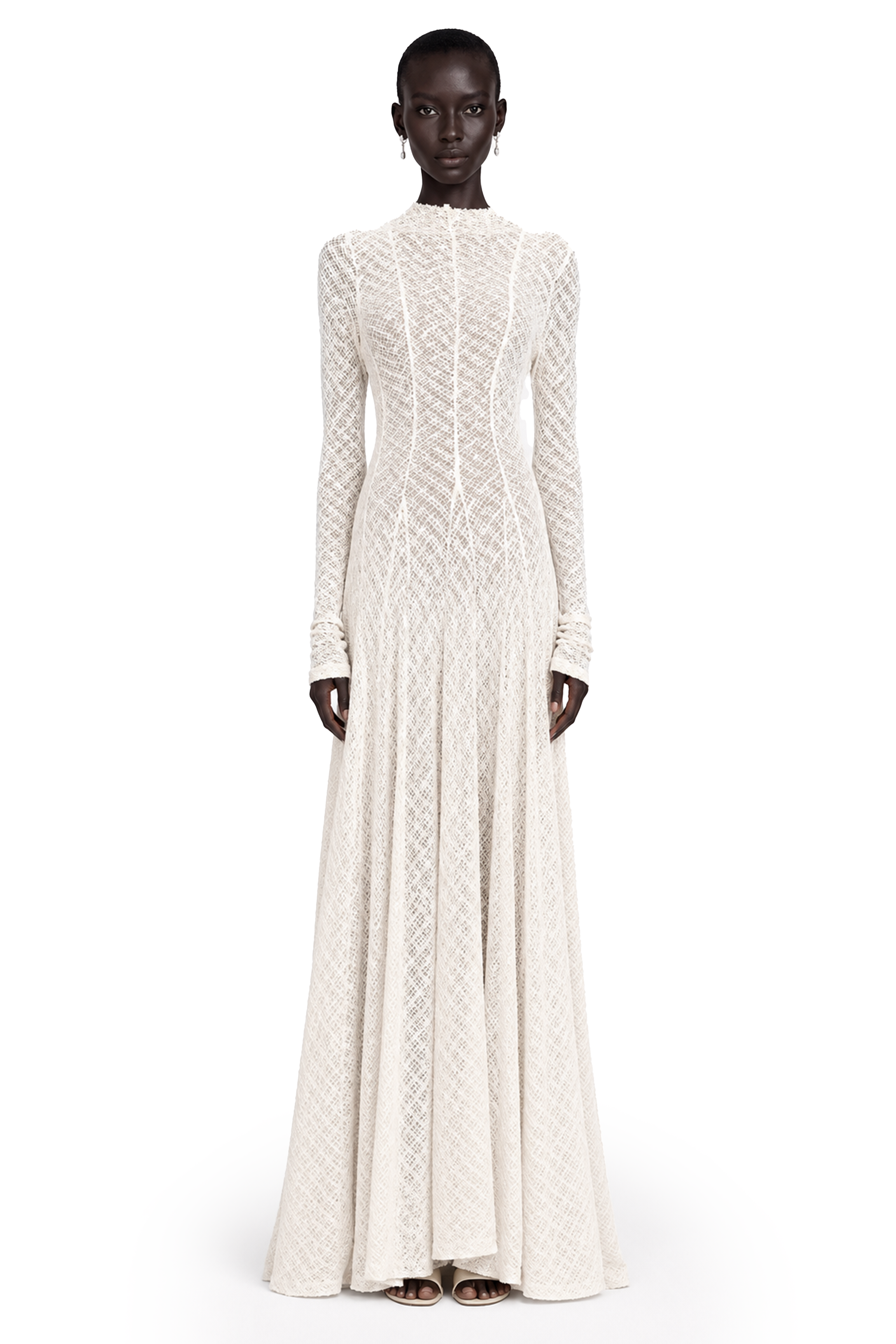 White long-sleeve textured knit gown with a high neck