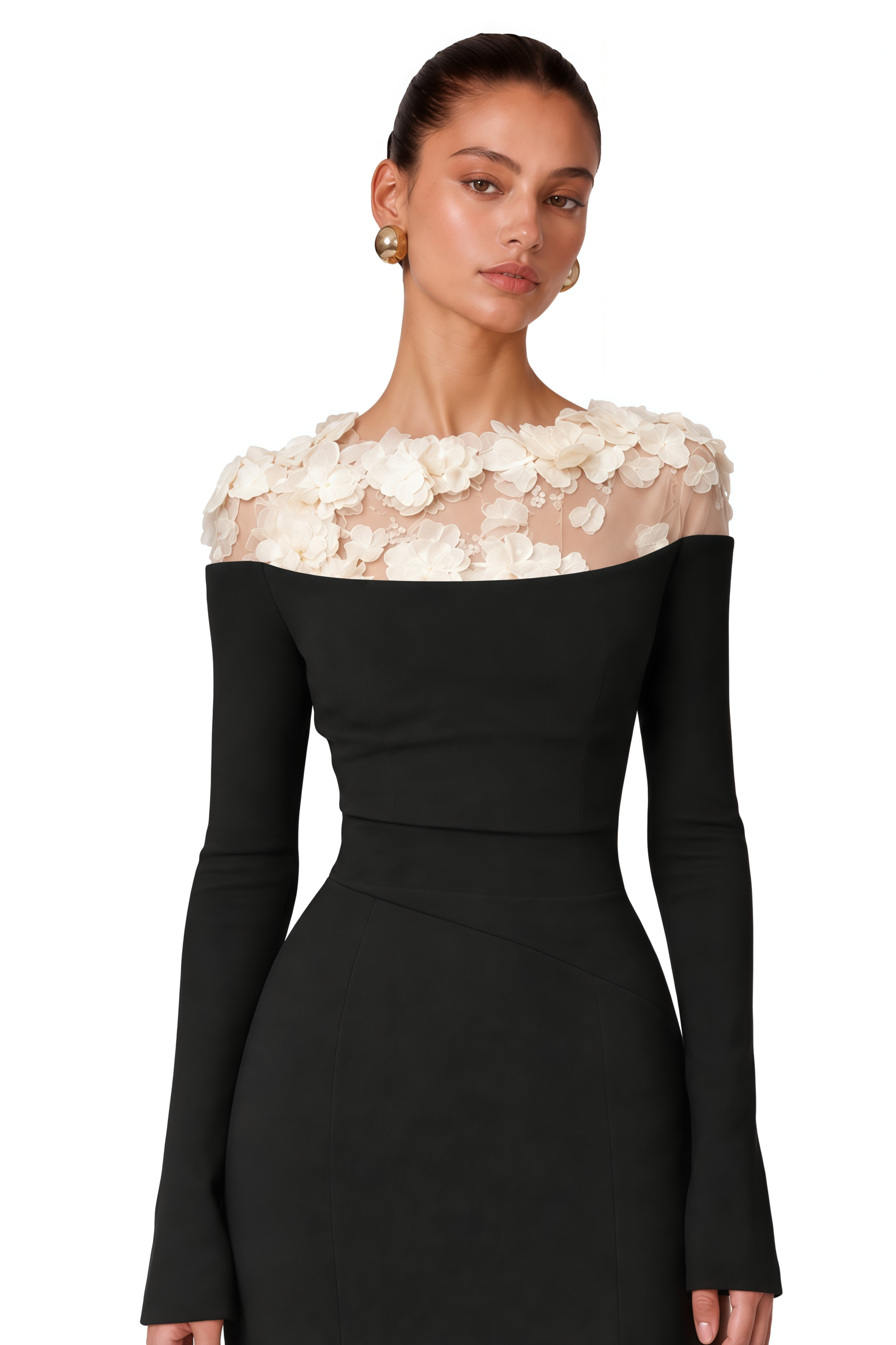 Silvia Black Floral Appliqué Off-Shoulder Gown
