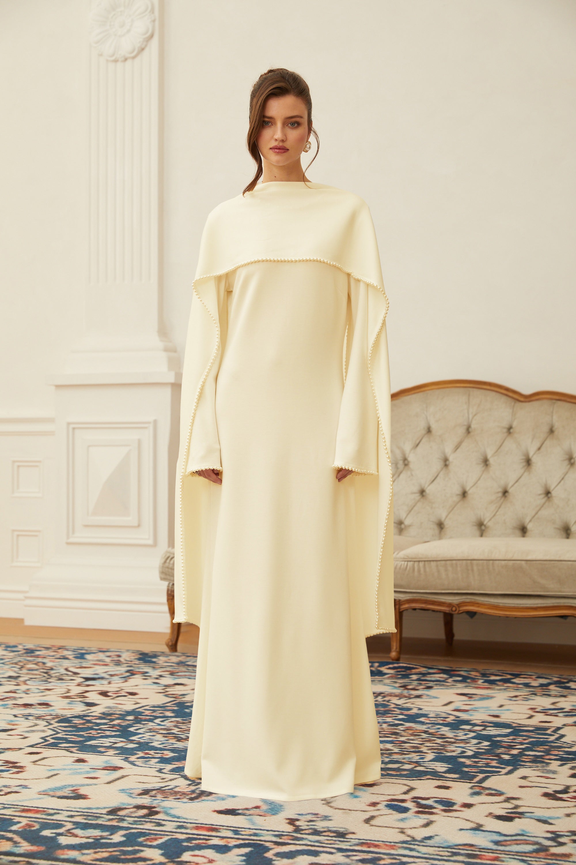 Pearl Trim Shawl Detail Maxi Dress