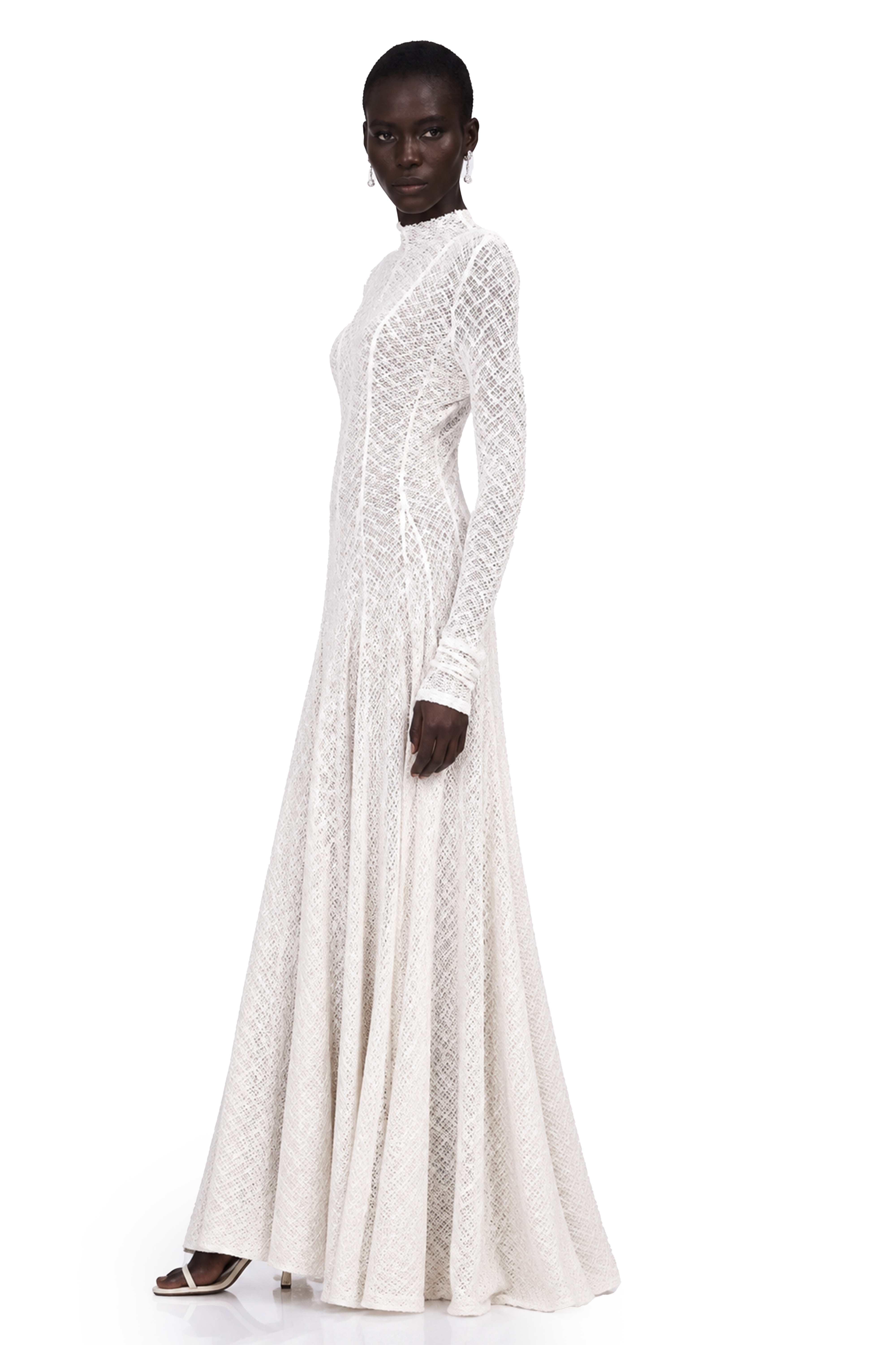 White long-sleeve textured knit gown with a high neck
