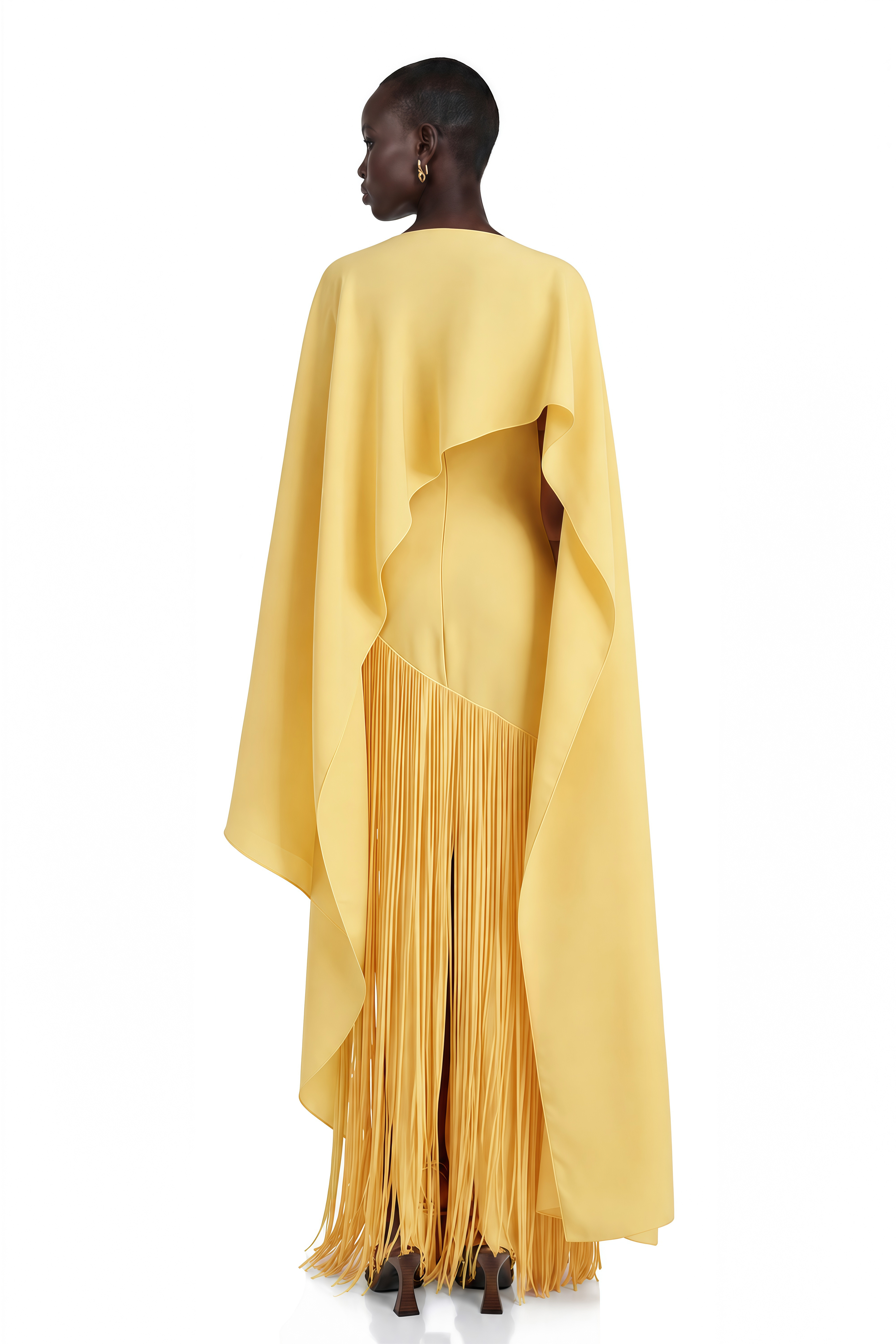 Cayetana Yellow Fringed Maxi Dress with Shawl Detail