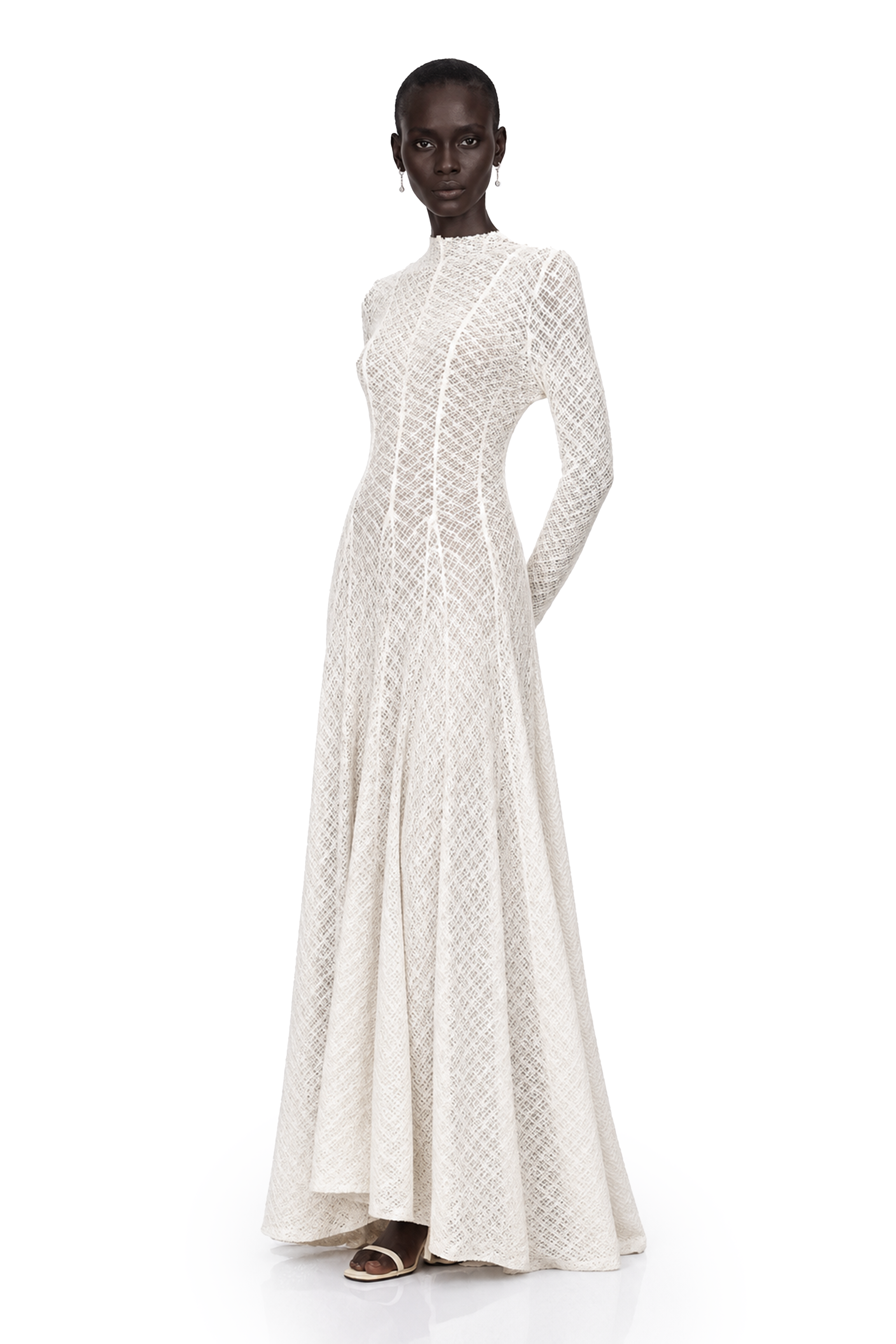 White long-sleeve textured knit gown with a high neck