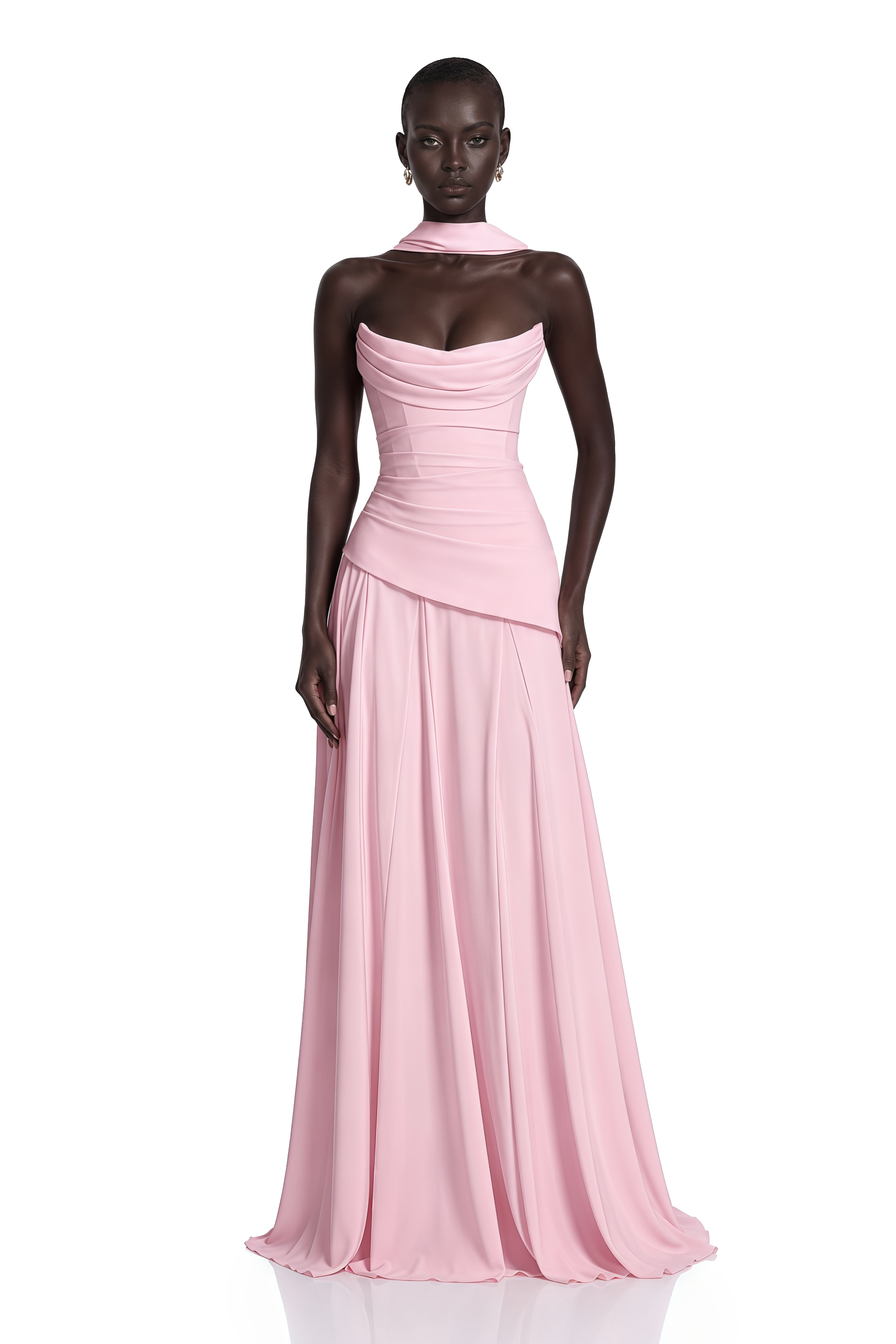 Pink strapless gown with a matching neck scarf