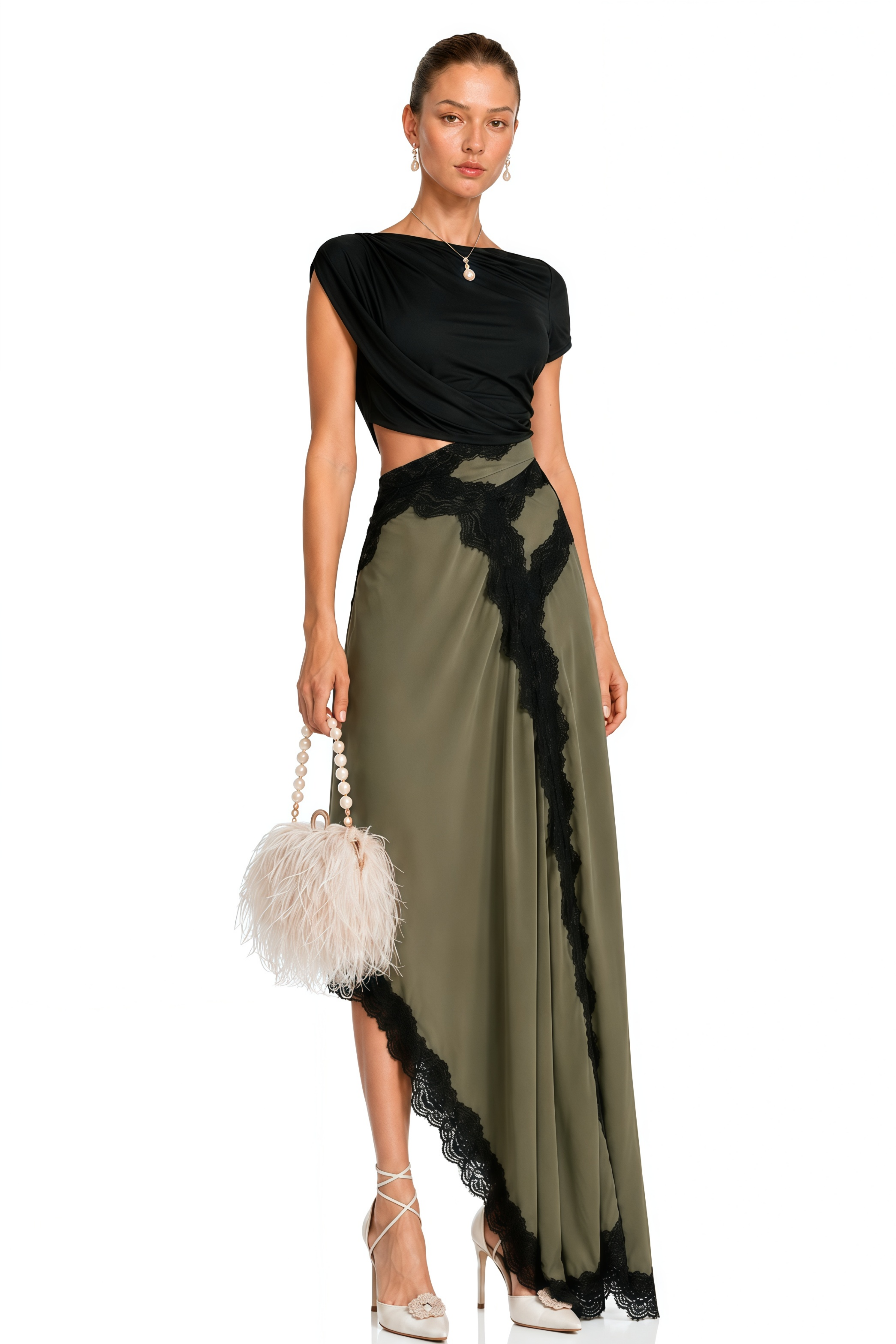 Fiamma Black Gathered Lace Panel Maxi Dress