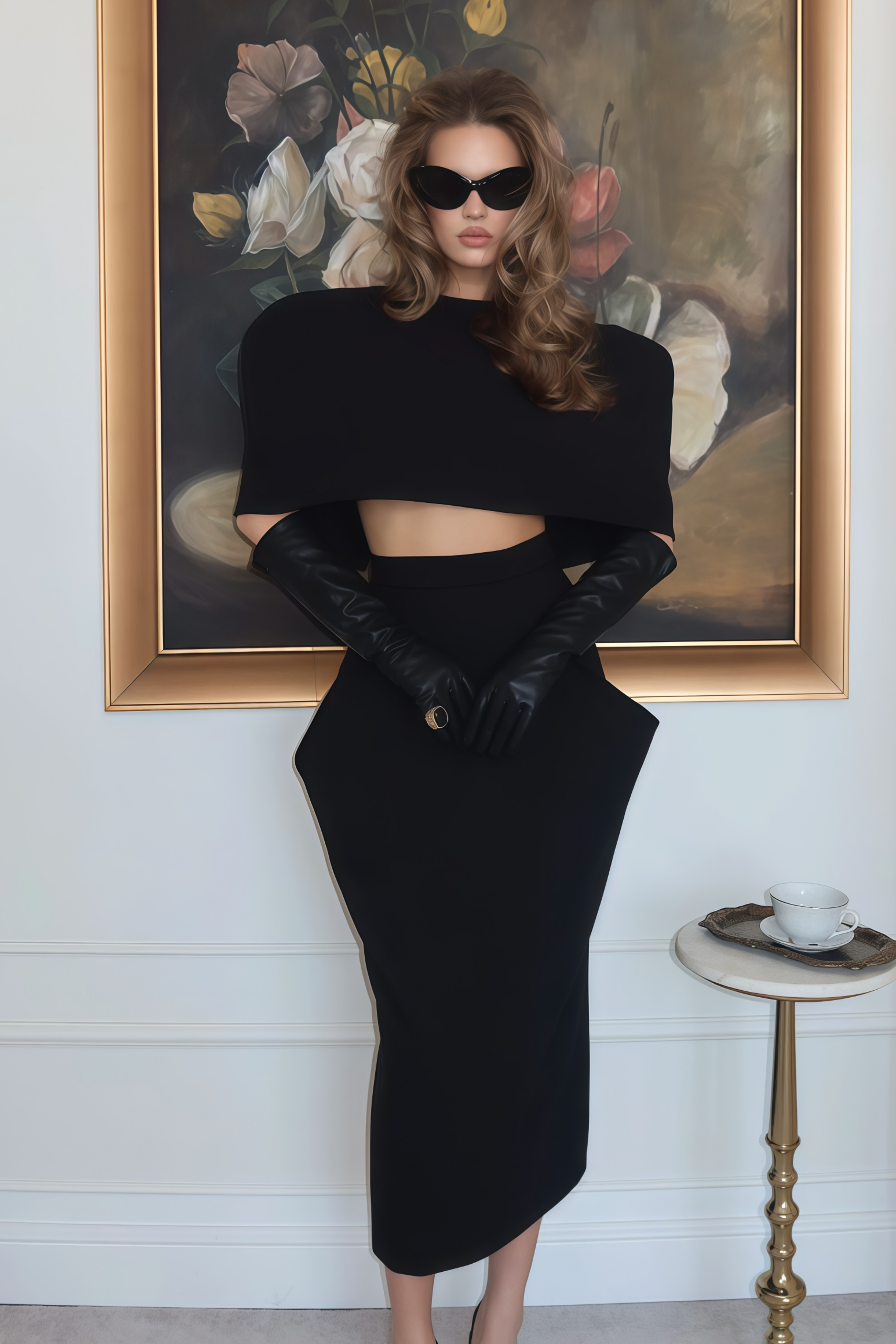 Black structured two-piece midi set with a boxy crop top and an exaggerated hip midi skirt