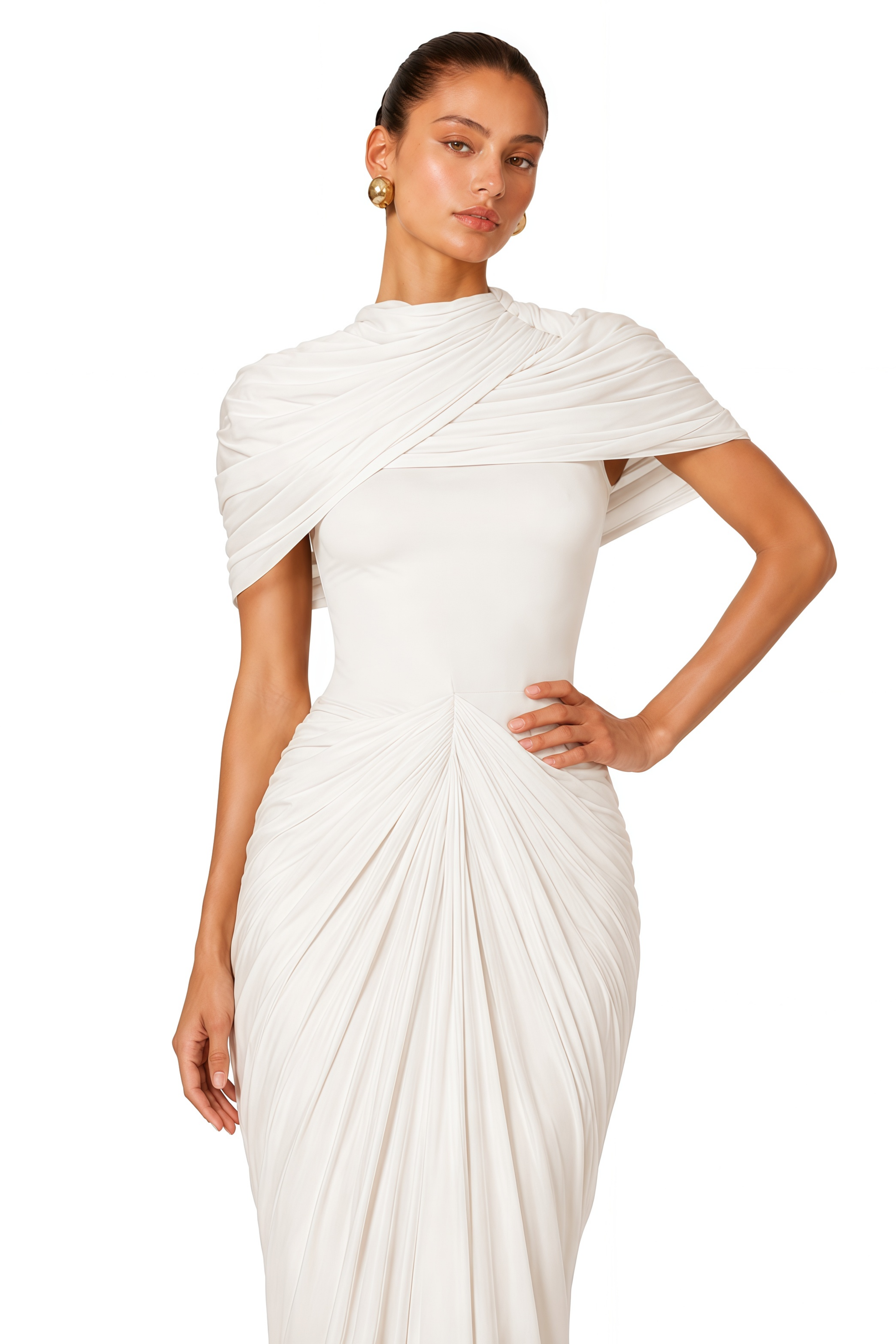 Zeynep White Ruched Maxi Dress with Cape Sleeves