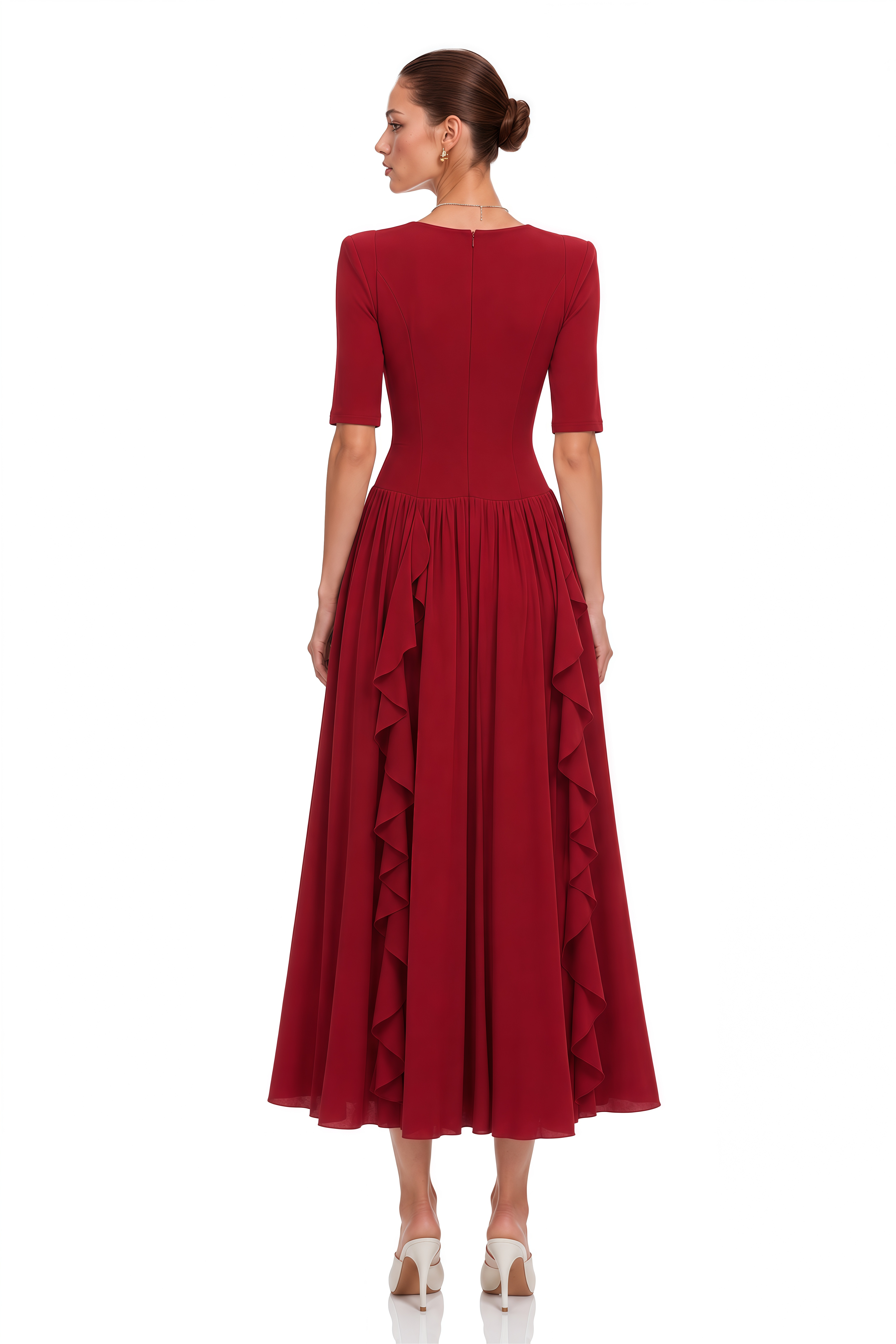 Giovanna Red V-Neck Ruched Midi Dress with Half Sleeves