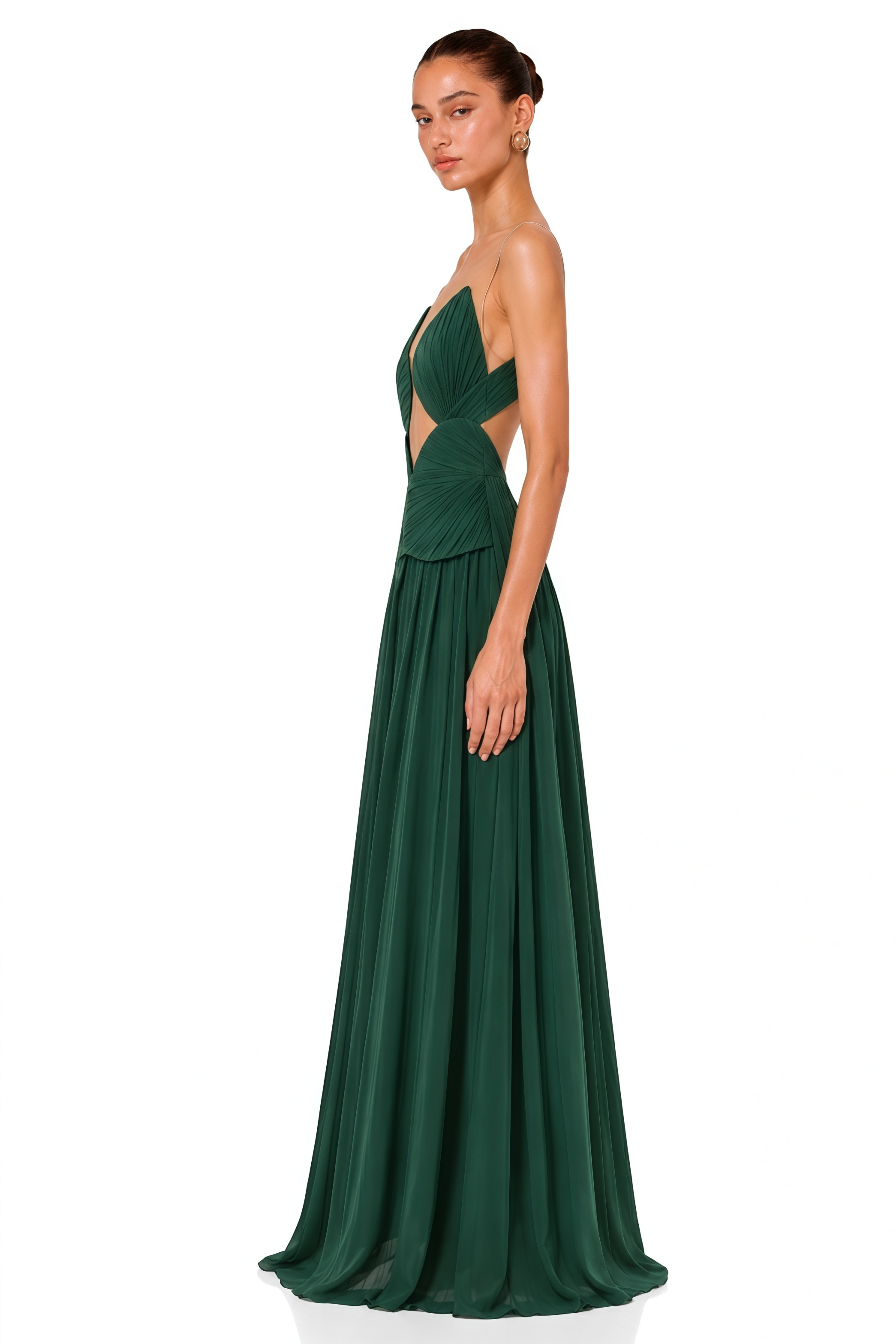 Dalila Green Backless Asymmetrical Ruched Maxi Dress