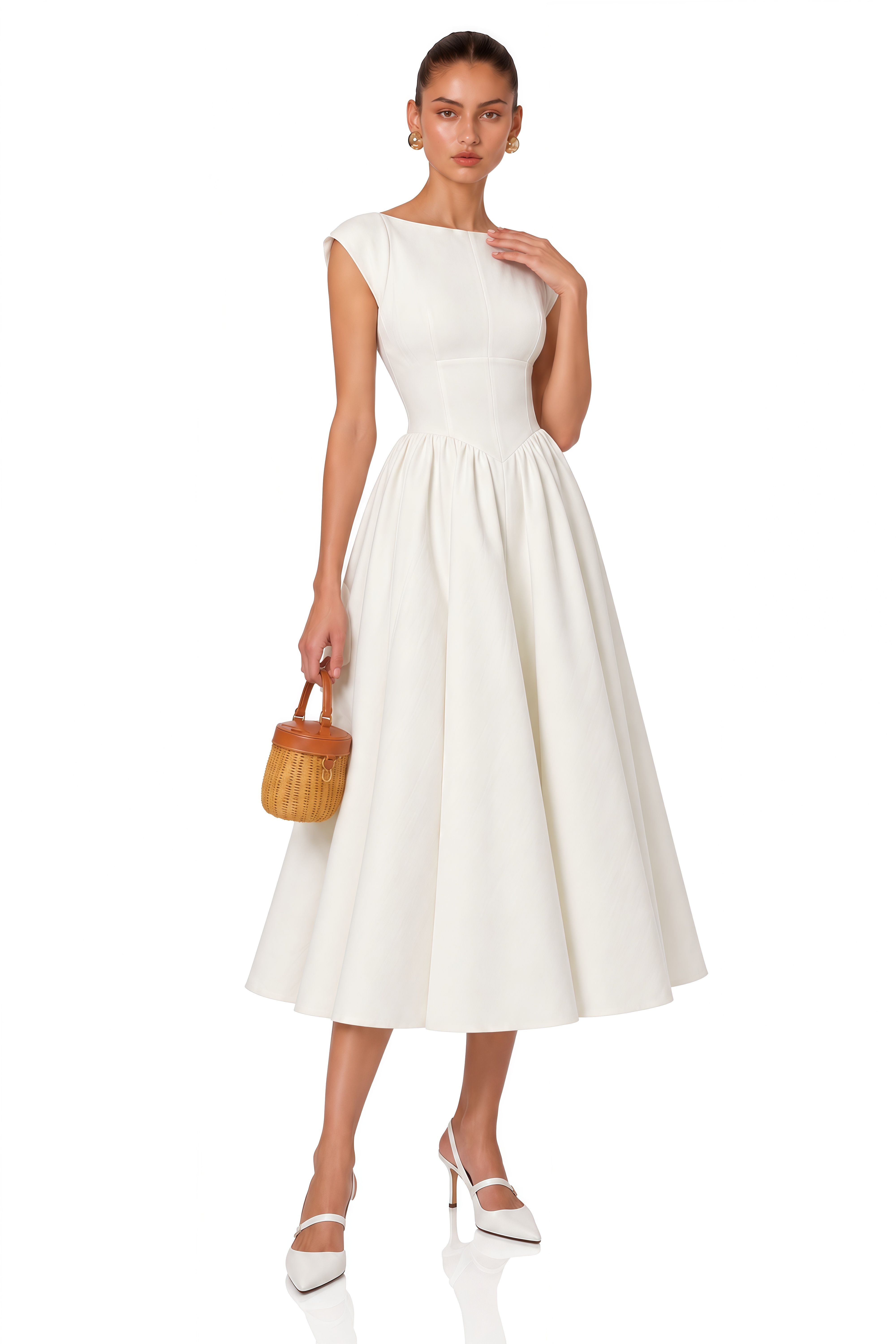 Amandine White Open-Back Cap-Sleeve Midi Dress