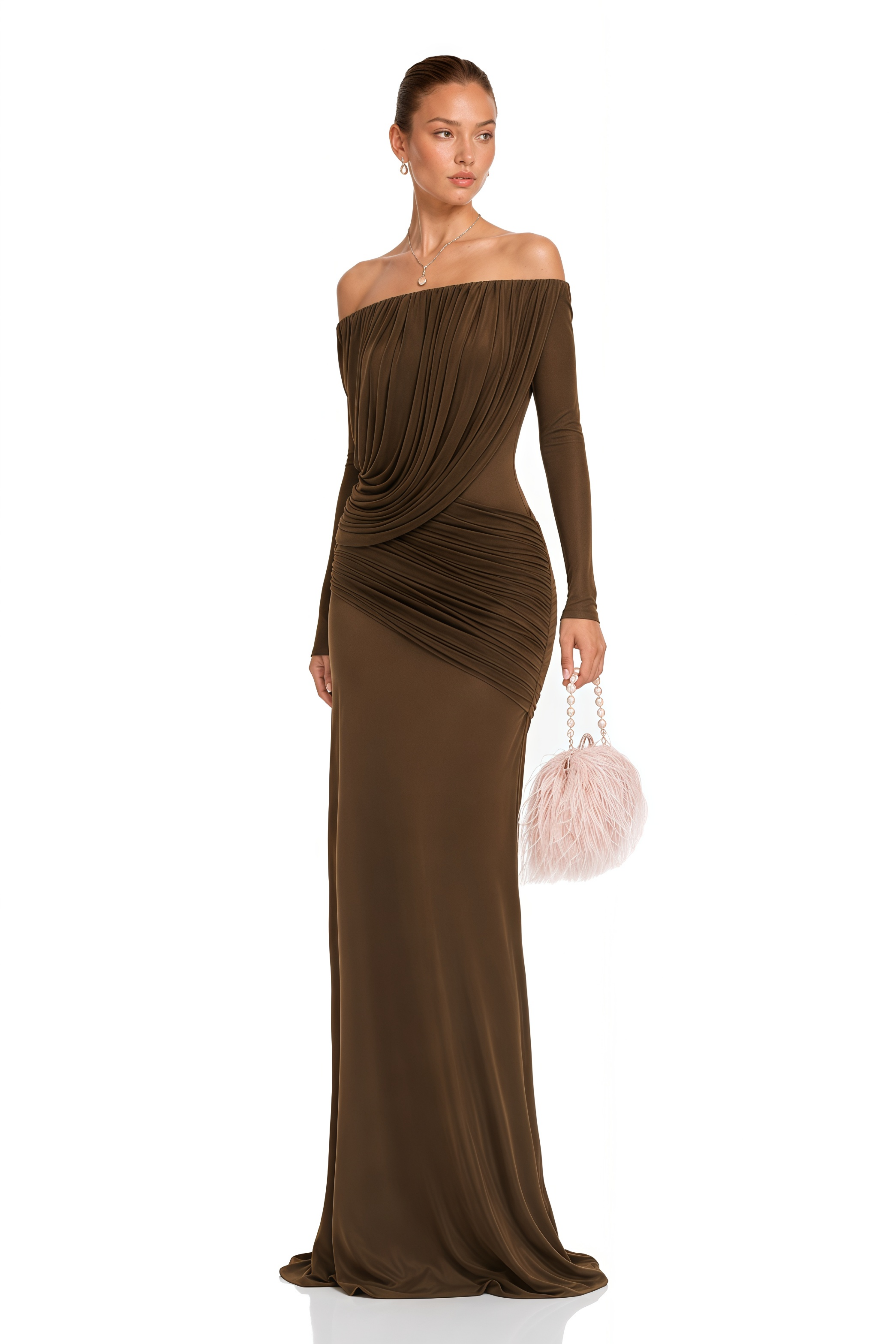 Zenobia Brown Asymmetrical Draped Mesh Maxi Dress