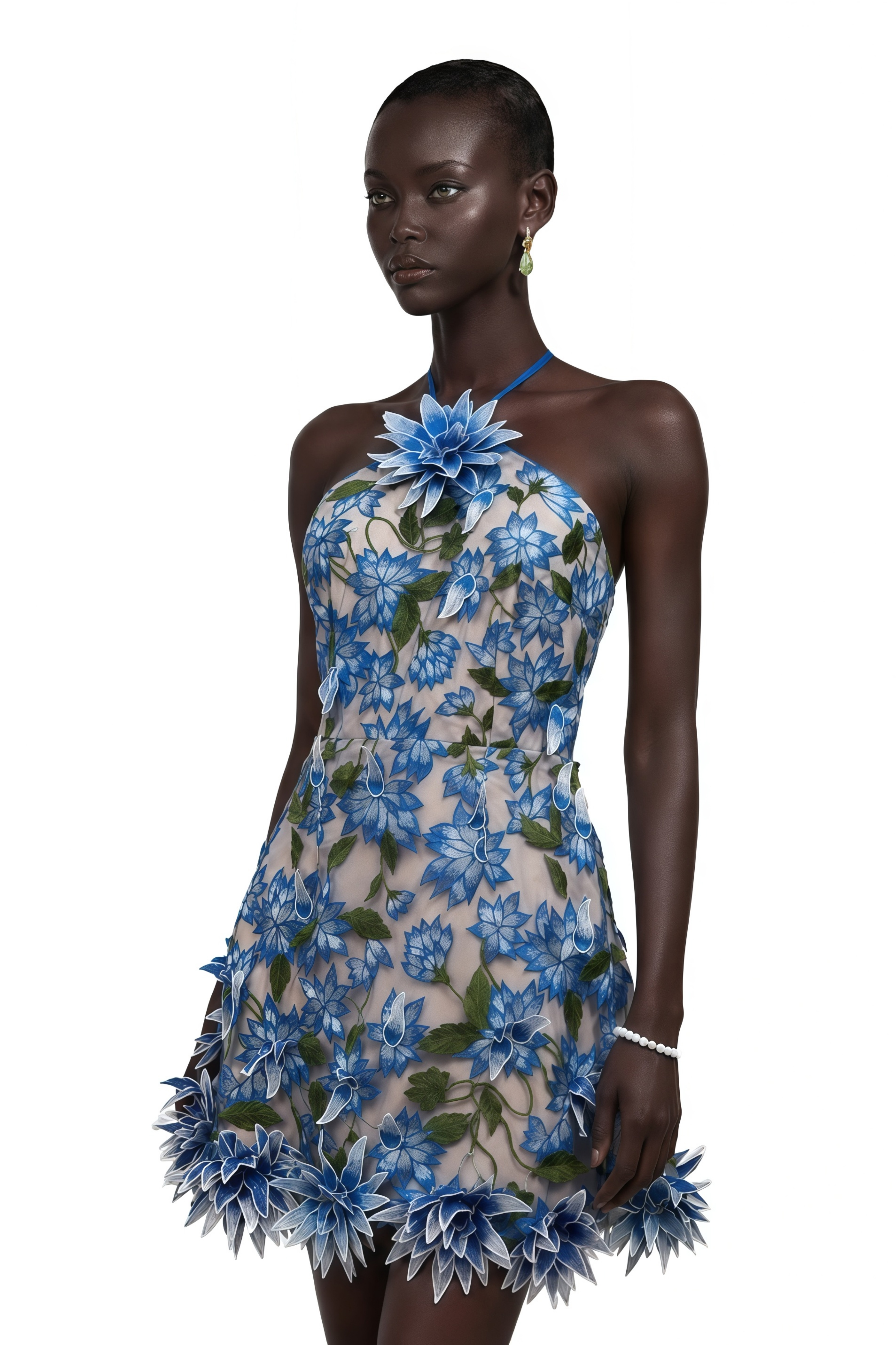 Doriane Blue Halterneck Floral Embroidered Mini Dress