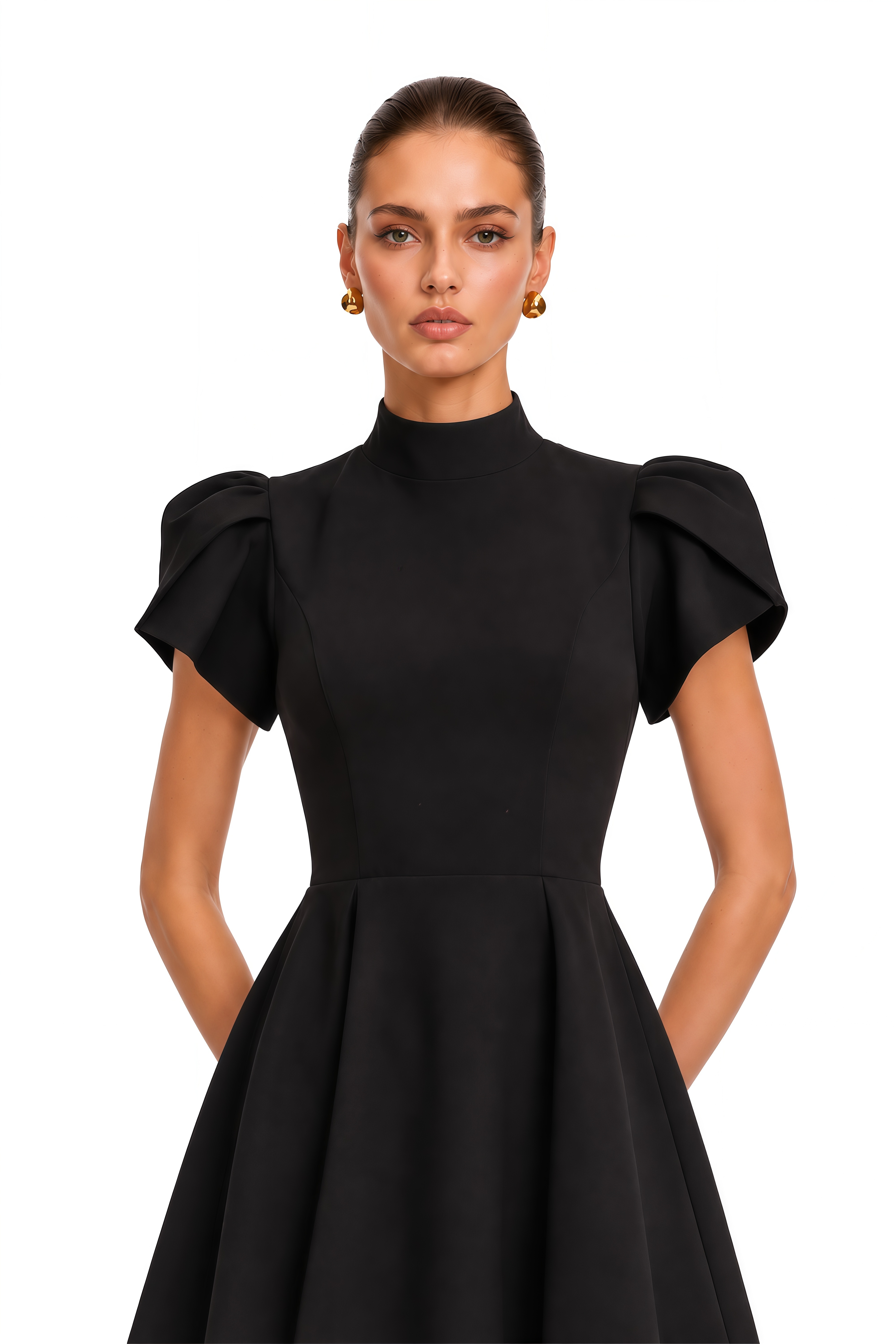 Anna Black Petal-Sleeve Cut-Out Bow Mini Dress