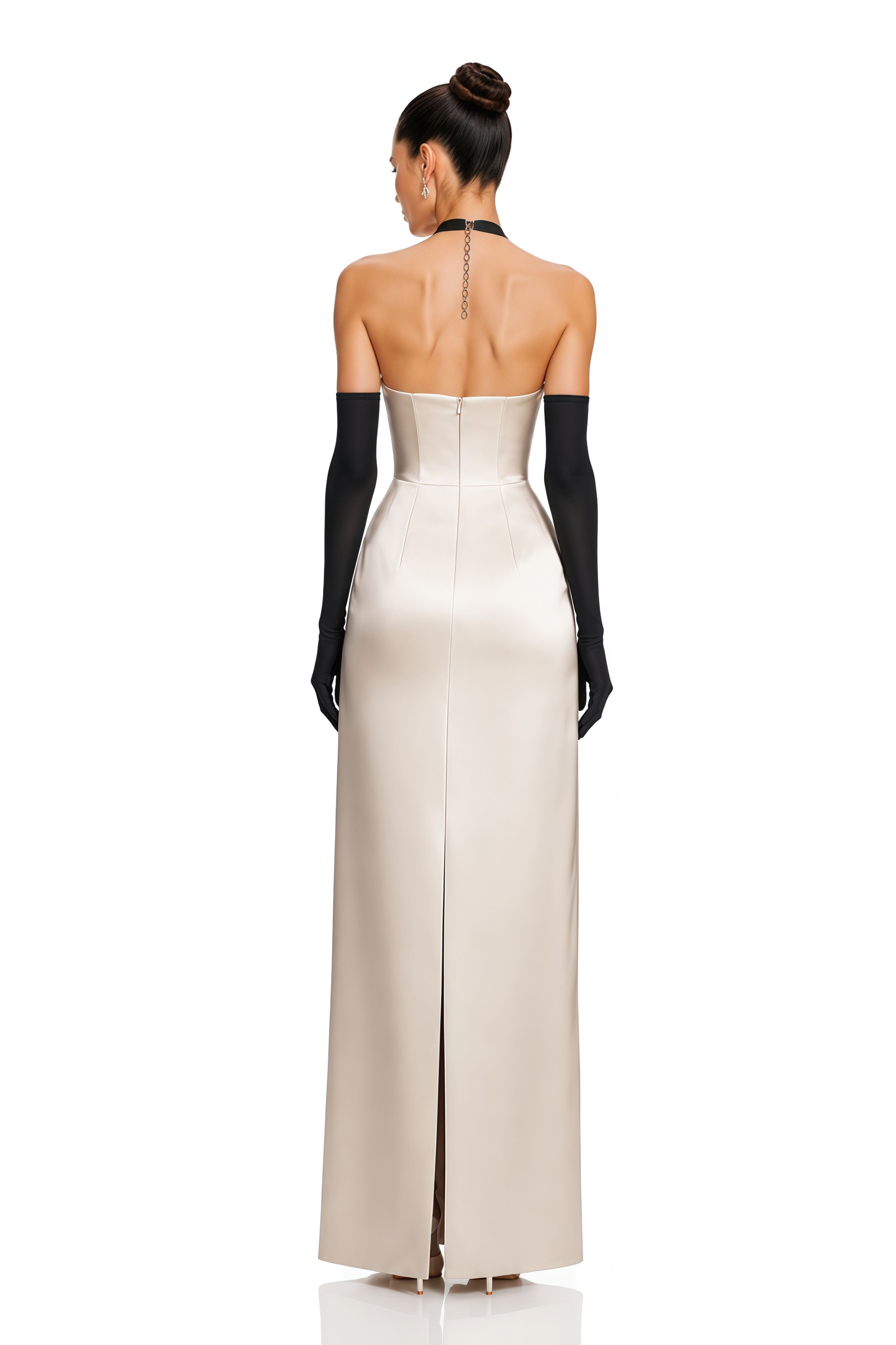 Ronit Champagne Satin Maxi Dress with Tulle Panels (Without Gloves) – Miss Rosier