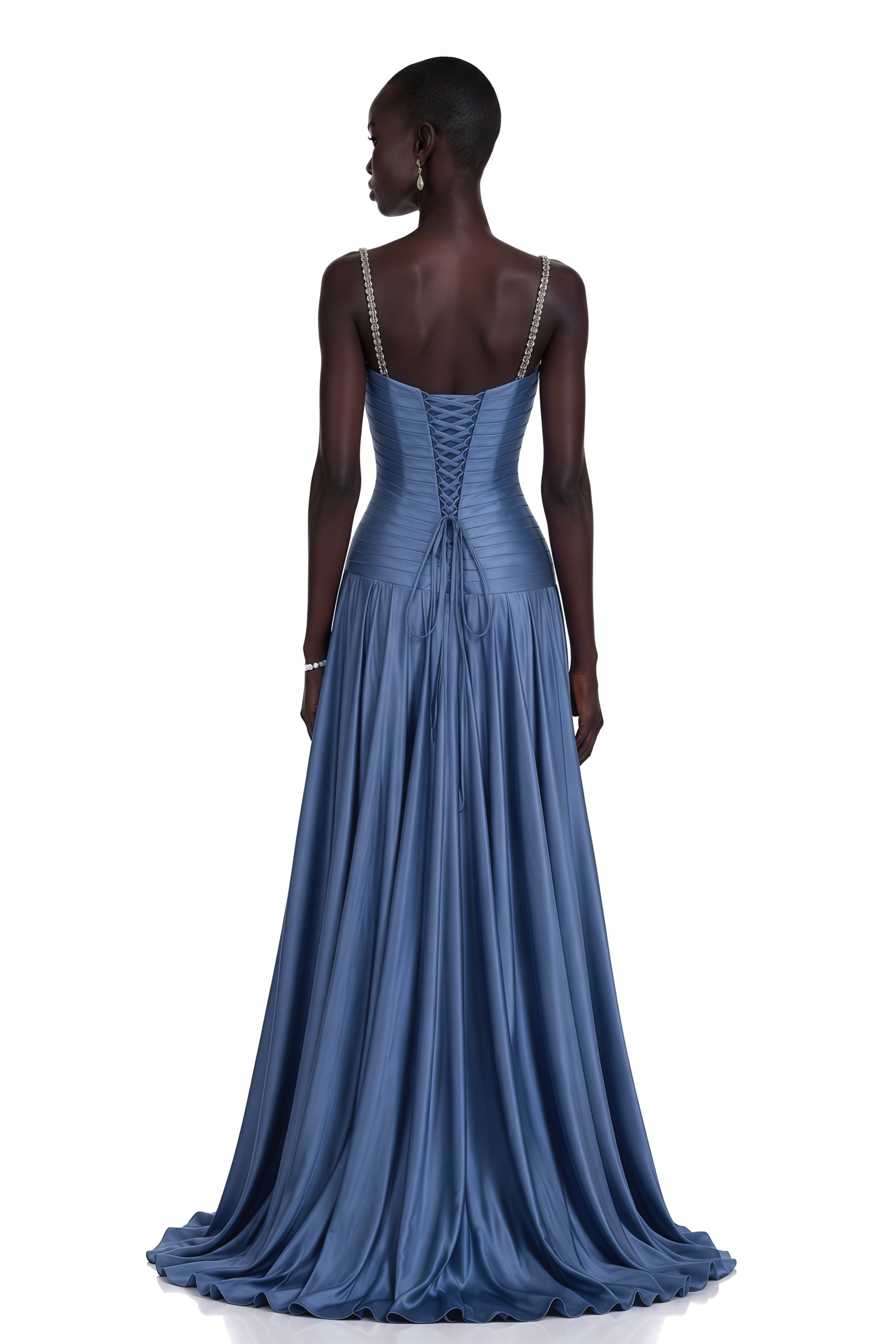Angelína Blue Diagonal Pleated Gathered Maxi Gown