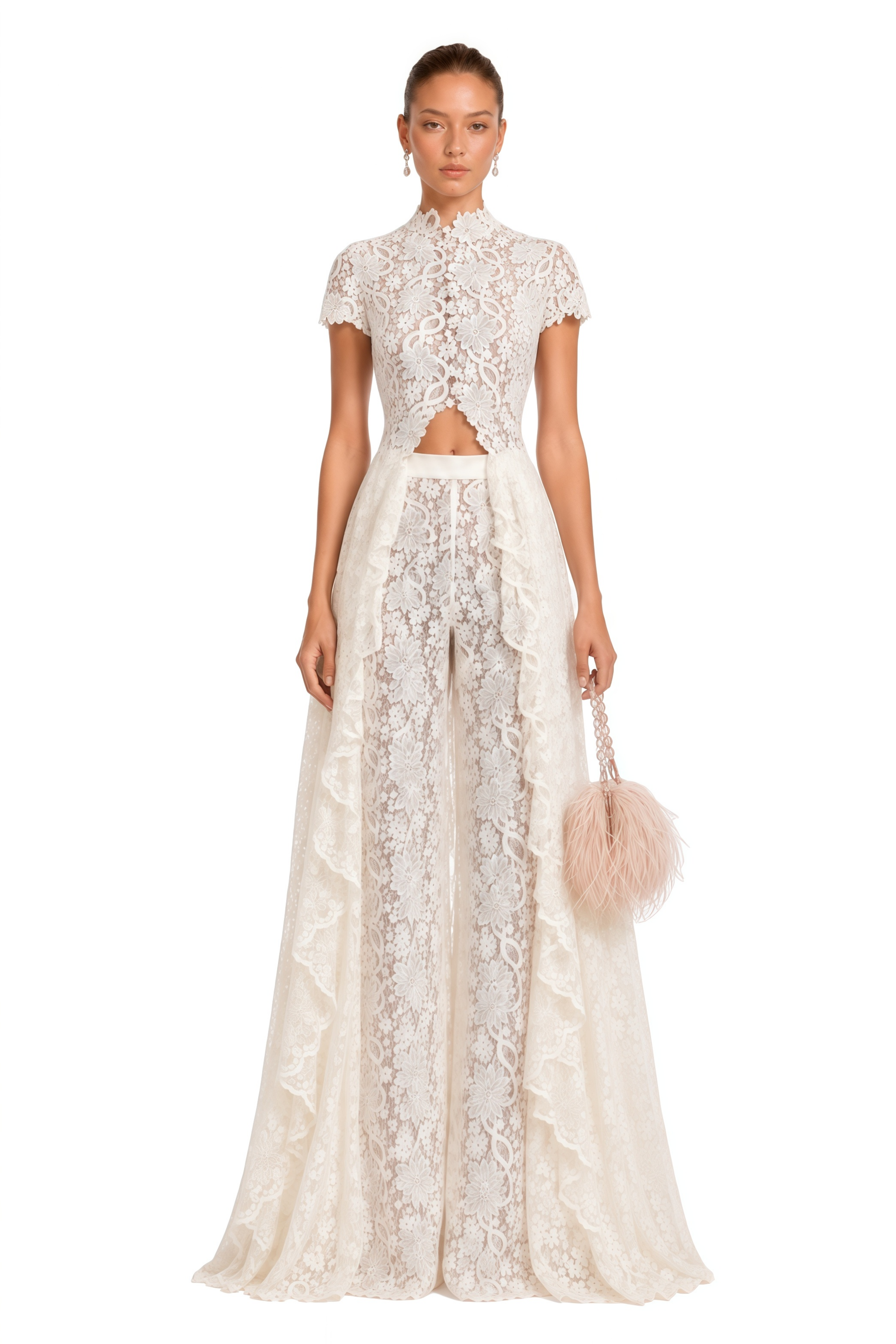 Loana White Floral Lace Top & Trousers Set   