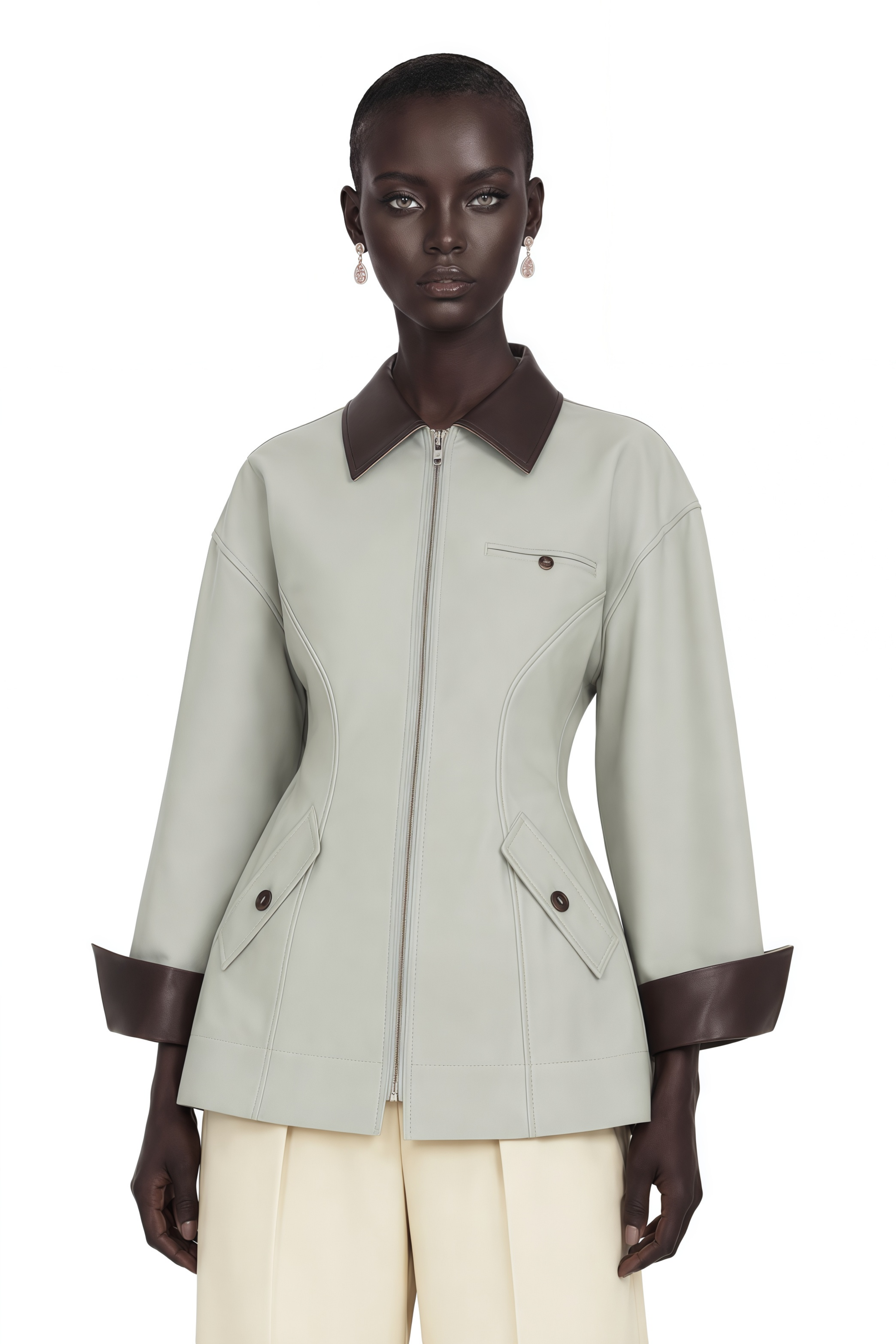 Vilma Grey Leather Collar Hunting Jacket