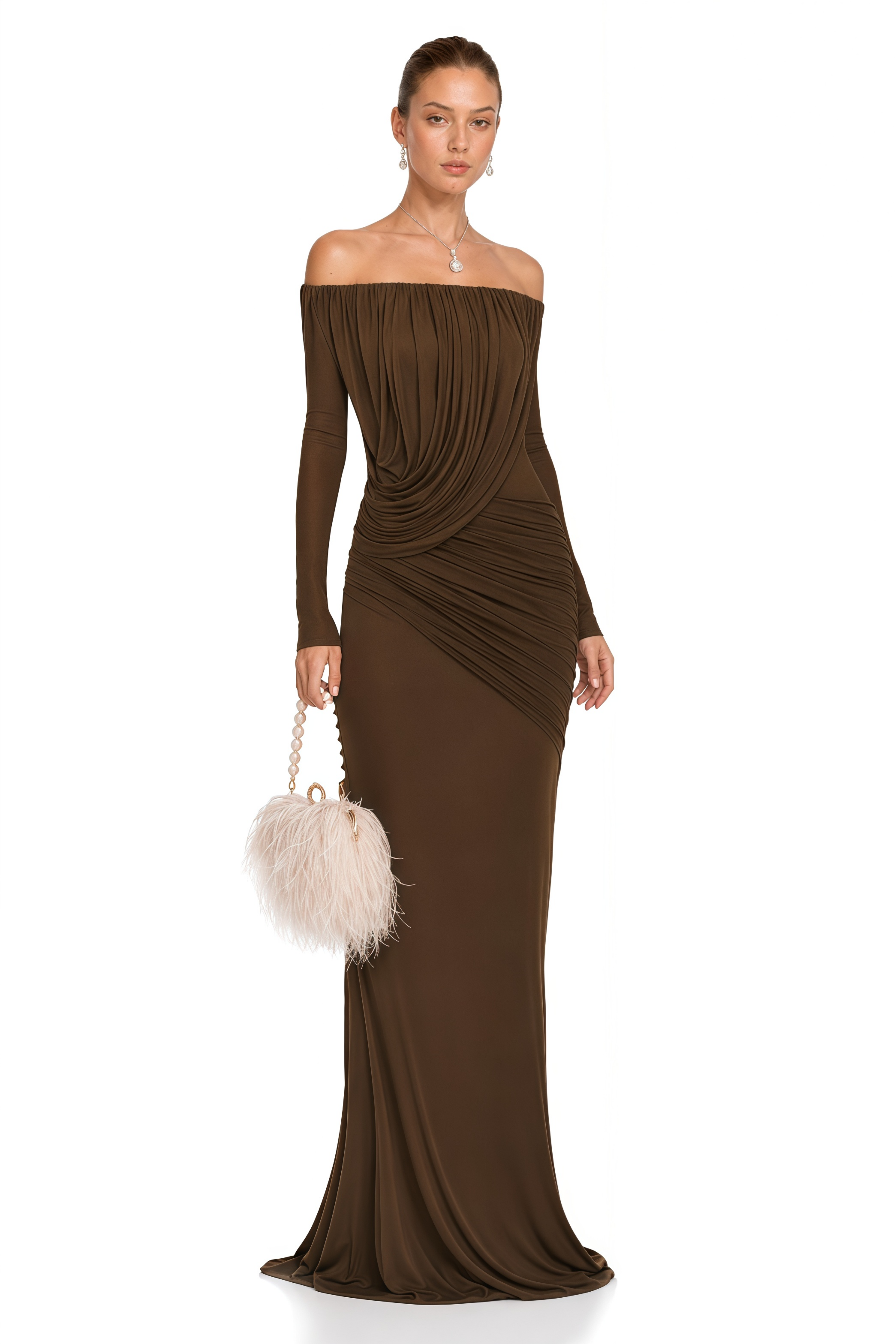 Zenobia Brown Asymmetrical Draped Mesh Maxi Dress