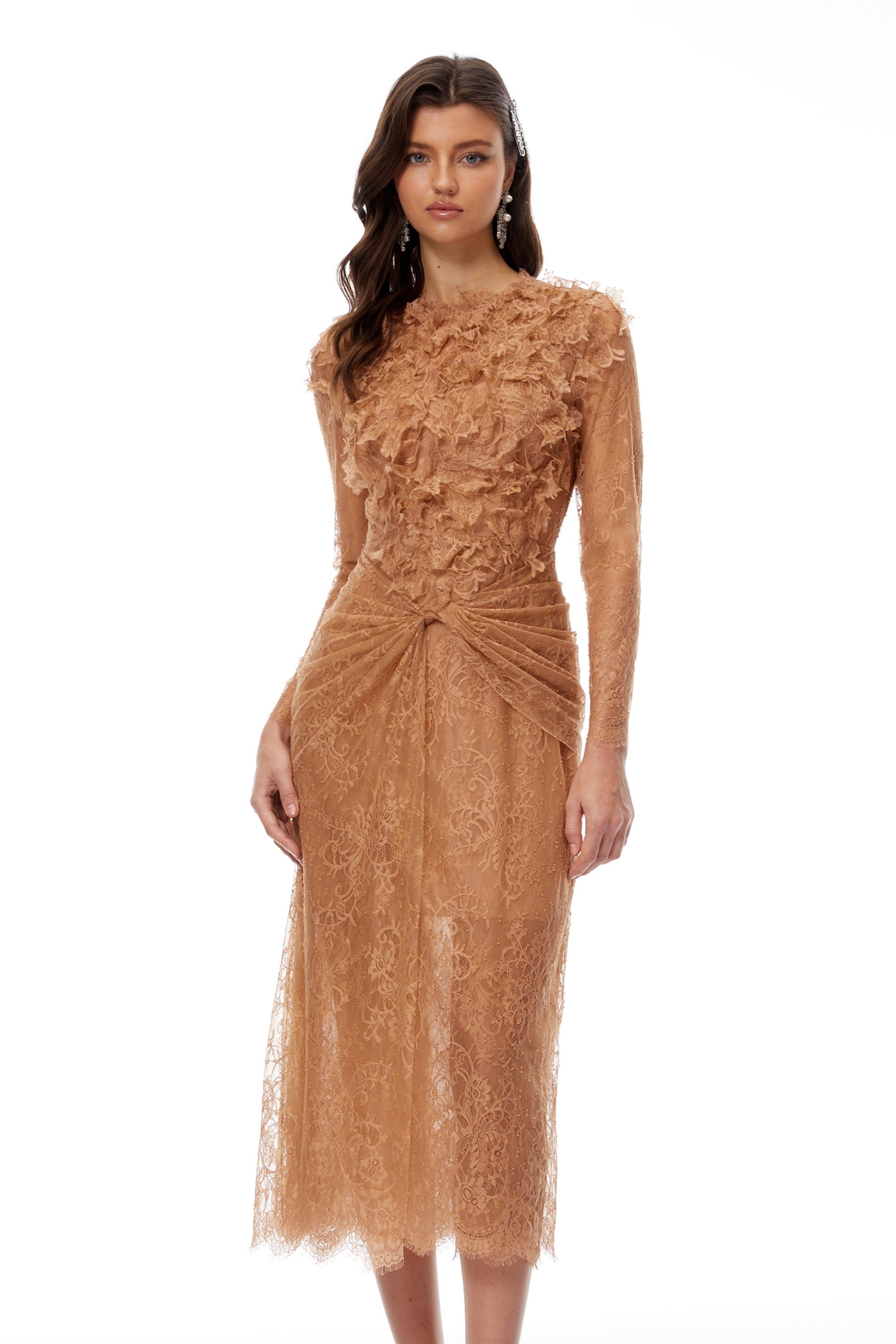 Apricot 3D floral lace midi dress