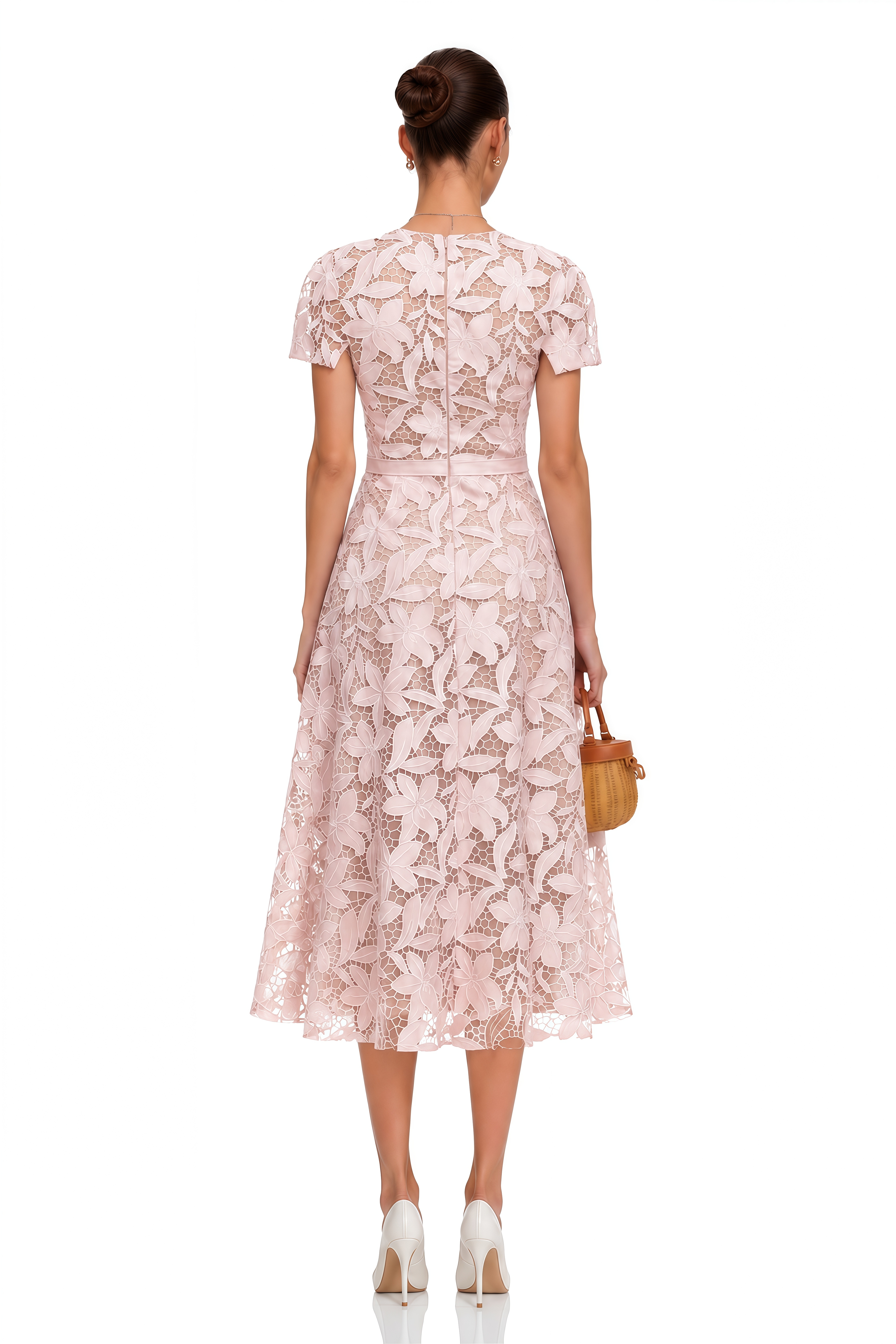 Vérane Pink Guipure-Lace Midi Dress