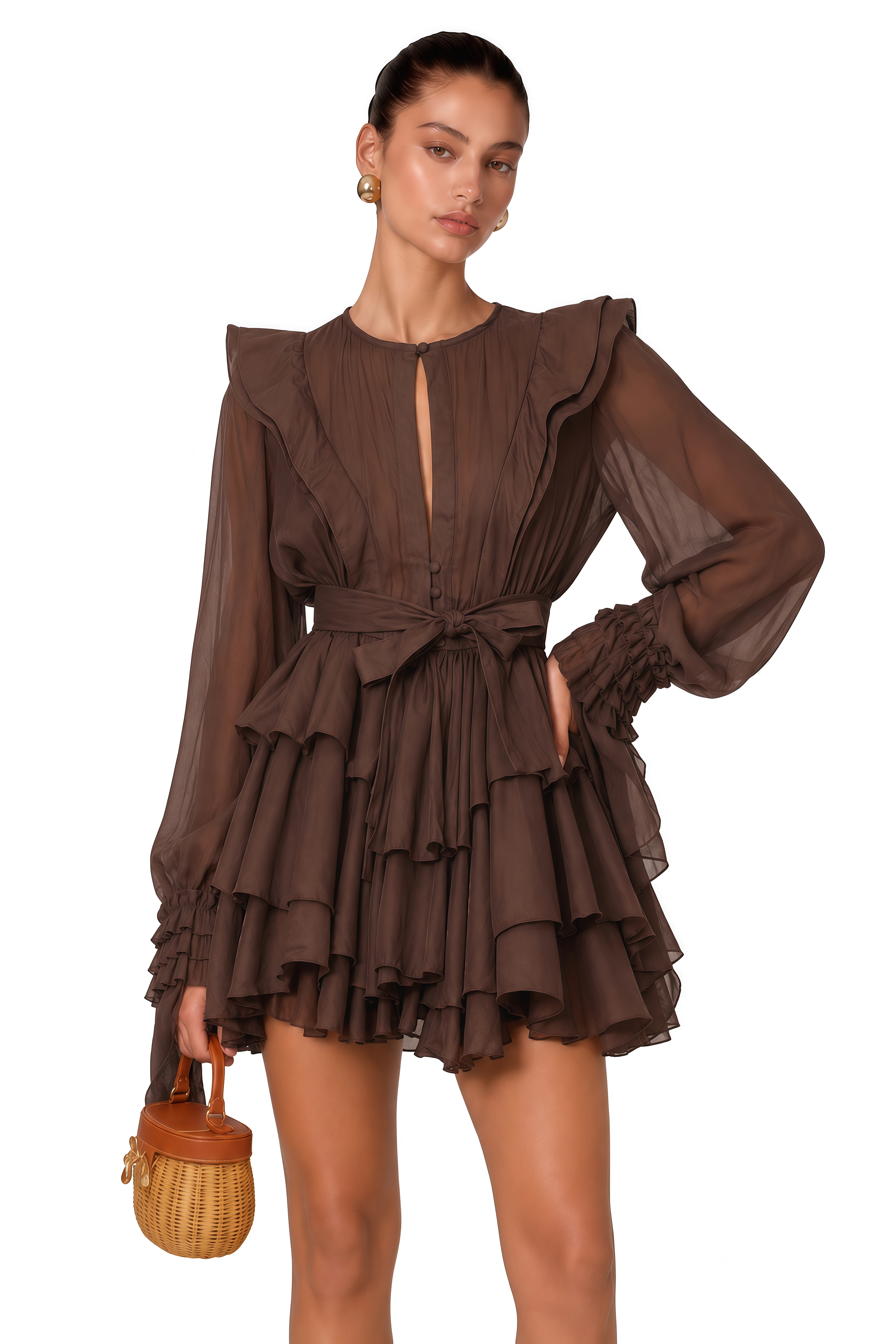 Annabelle Brown Cutout Ruffled Mini Dress
