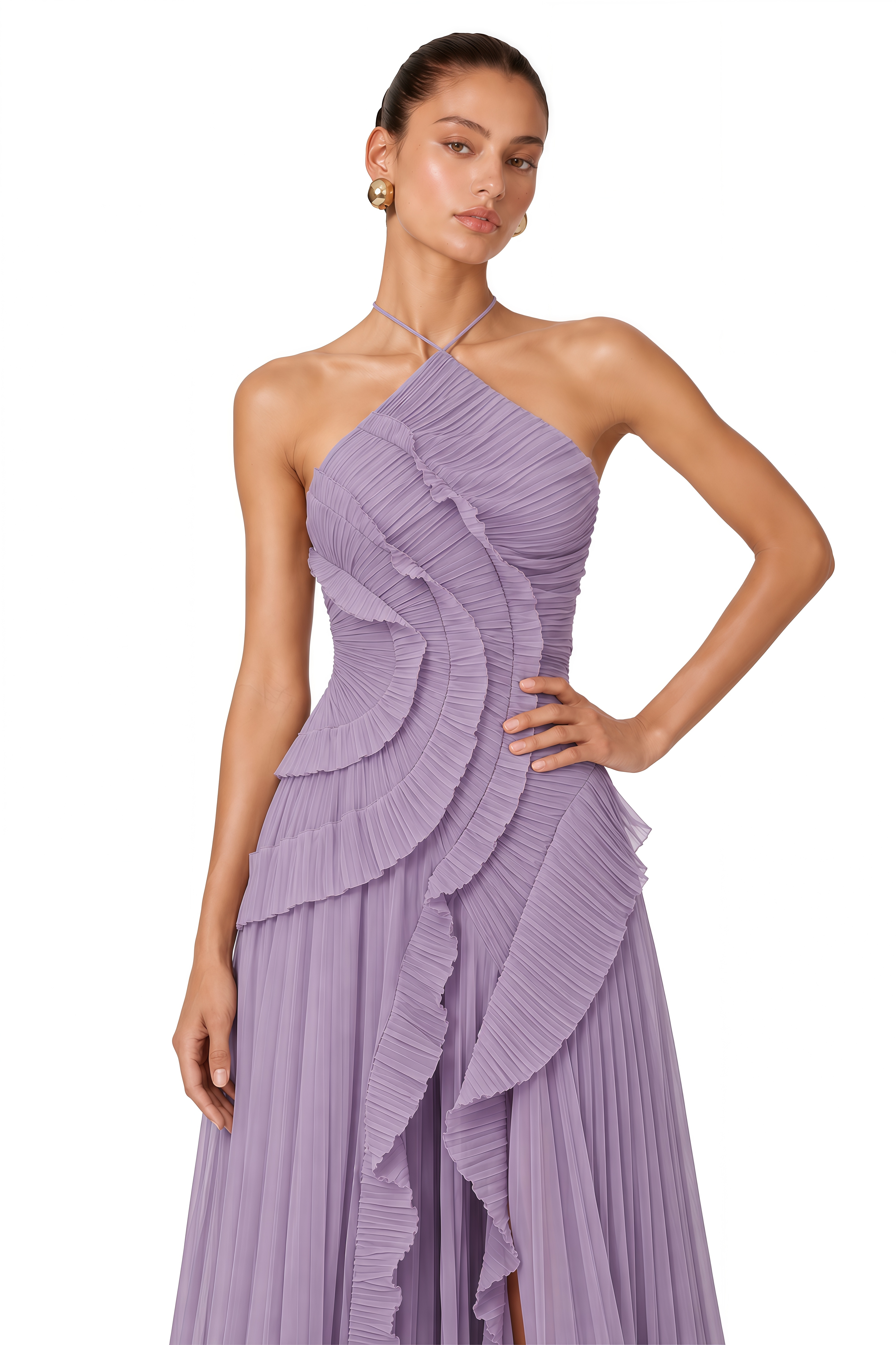 Doux Purple Ruffled Trim Pleated Midi Dress – Miss Rosier