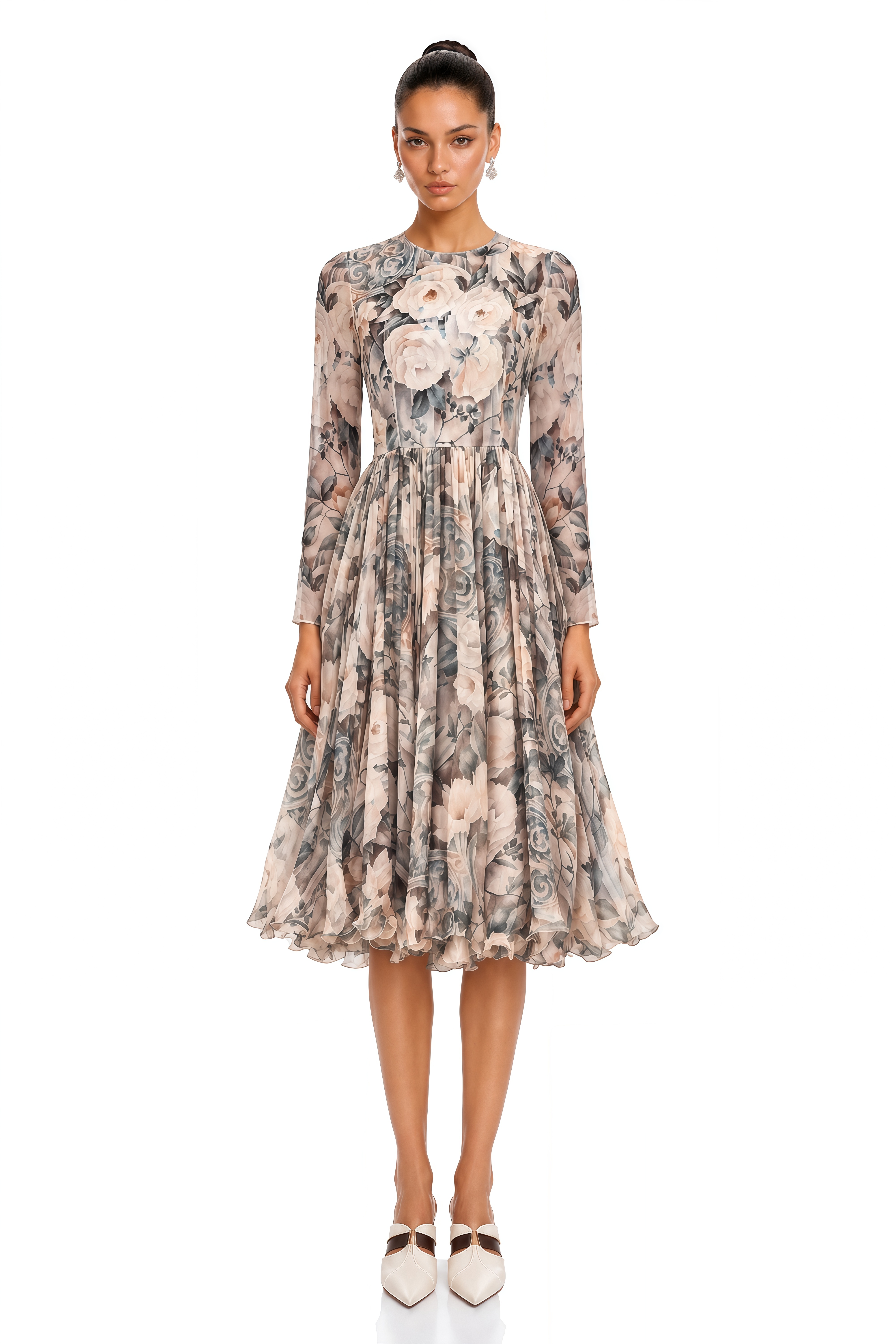 Mélanie Floral Print Pleated Chiffon Midi Dress