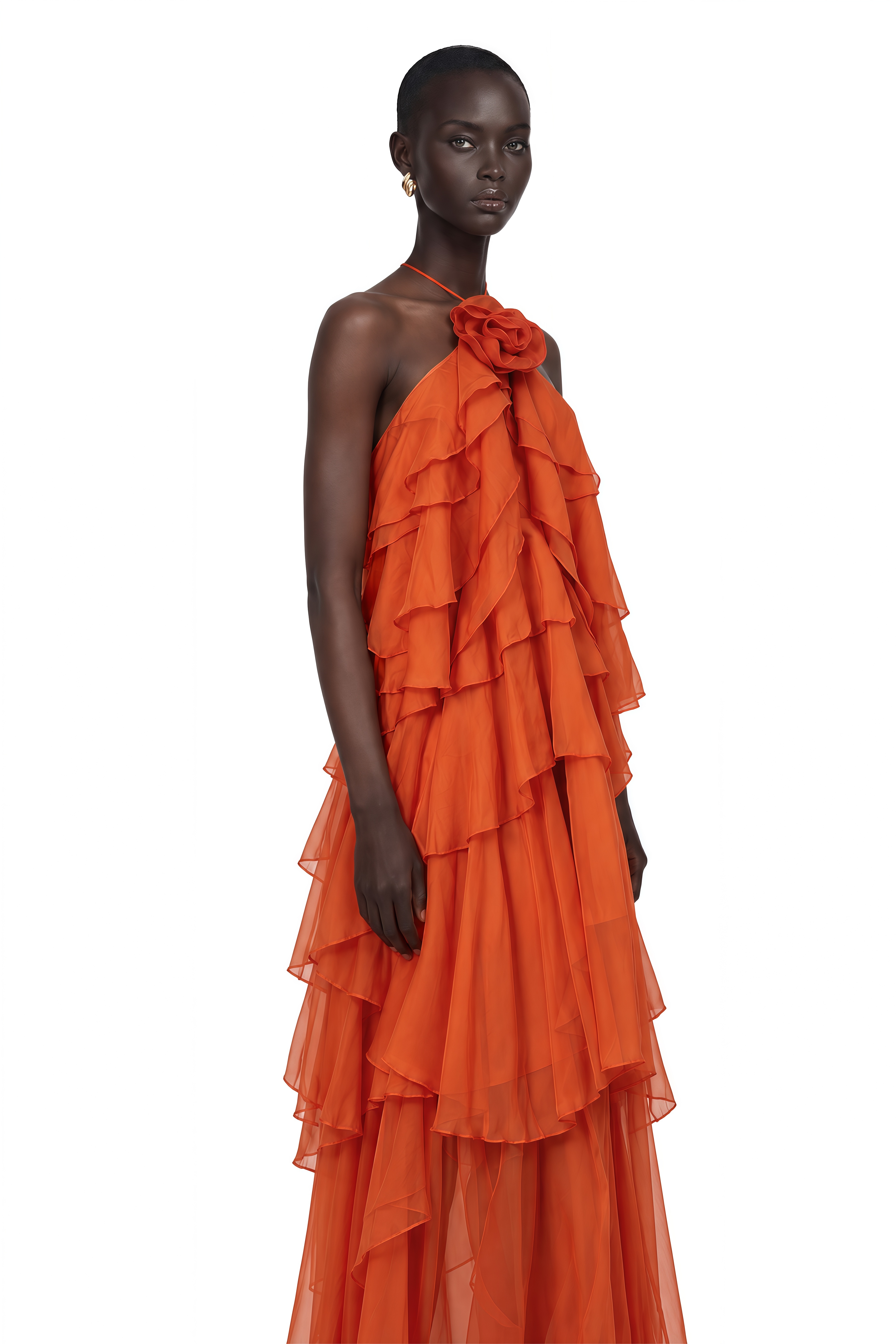 Carrie Orange Halterneck Flounced Maxi Dress