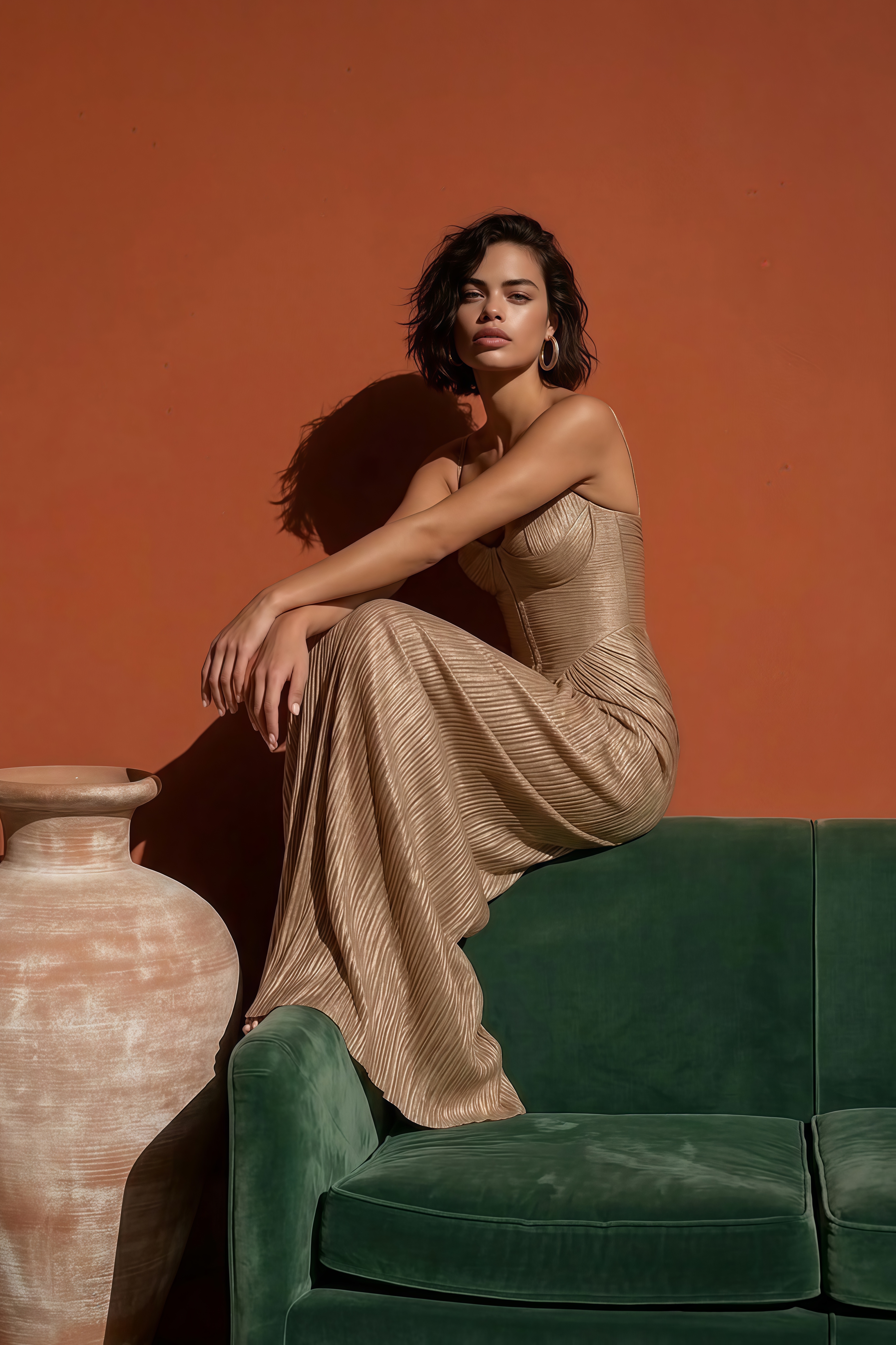 Nicoletta Gold Glossy Pleated Corset Maxi Dress