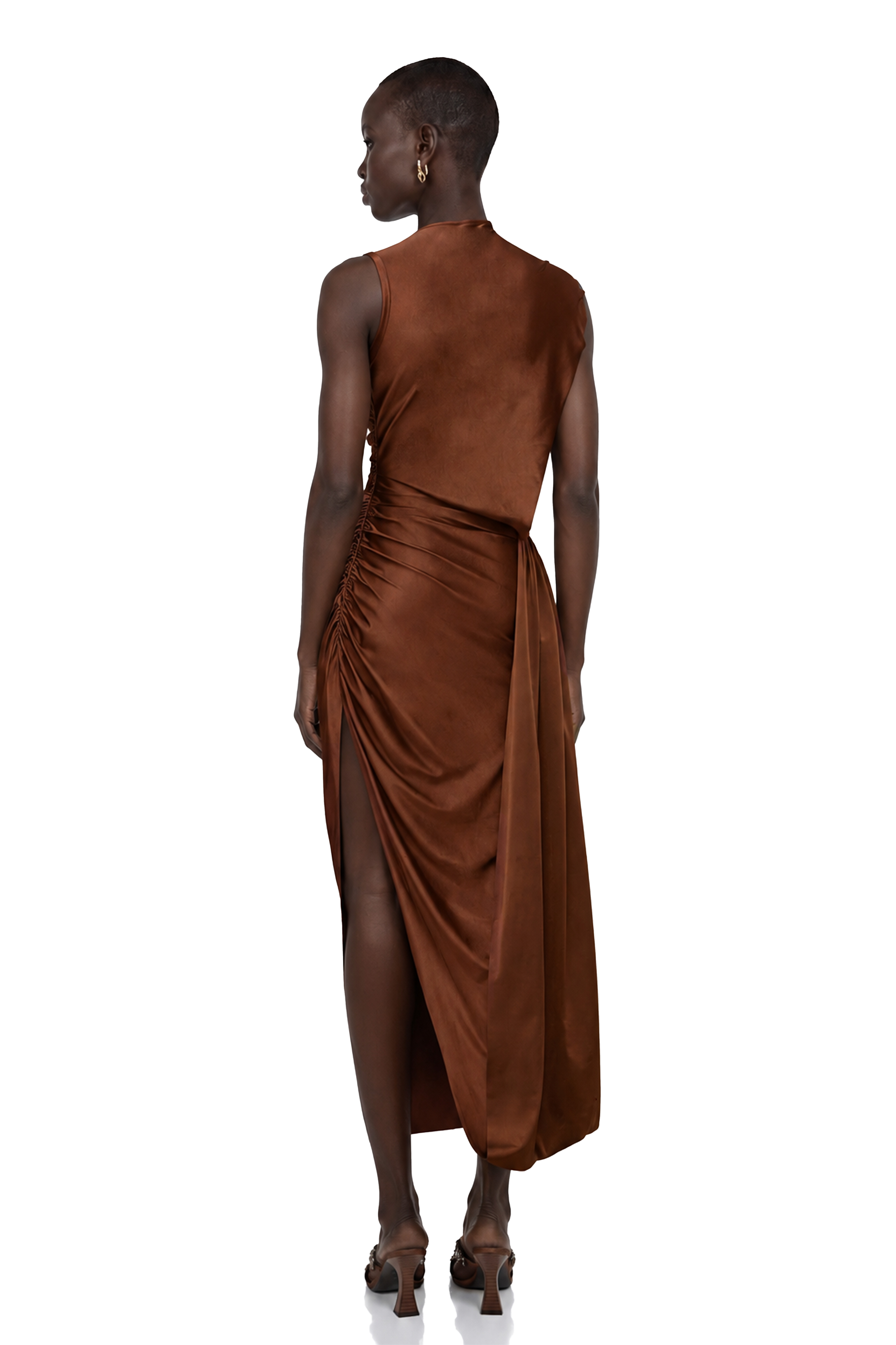 Reine Brown Asymmetrical Ruched Maxi Dress