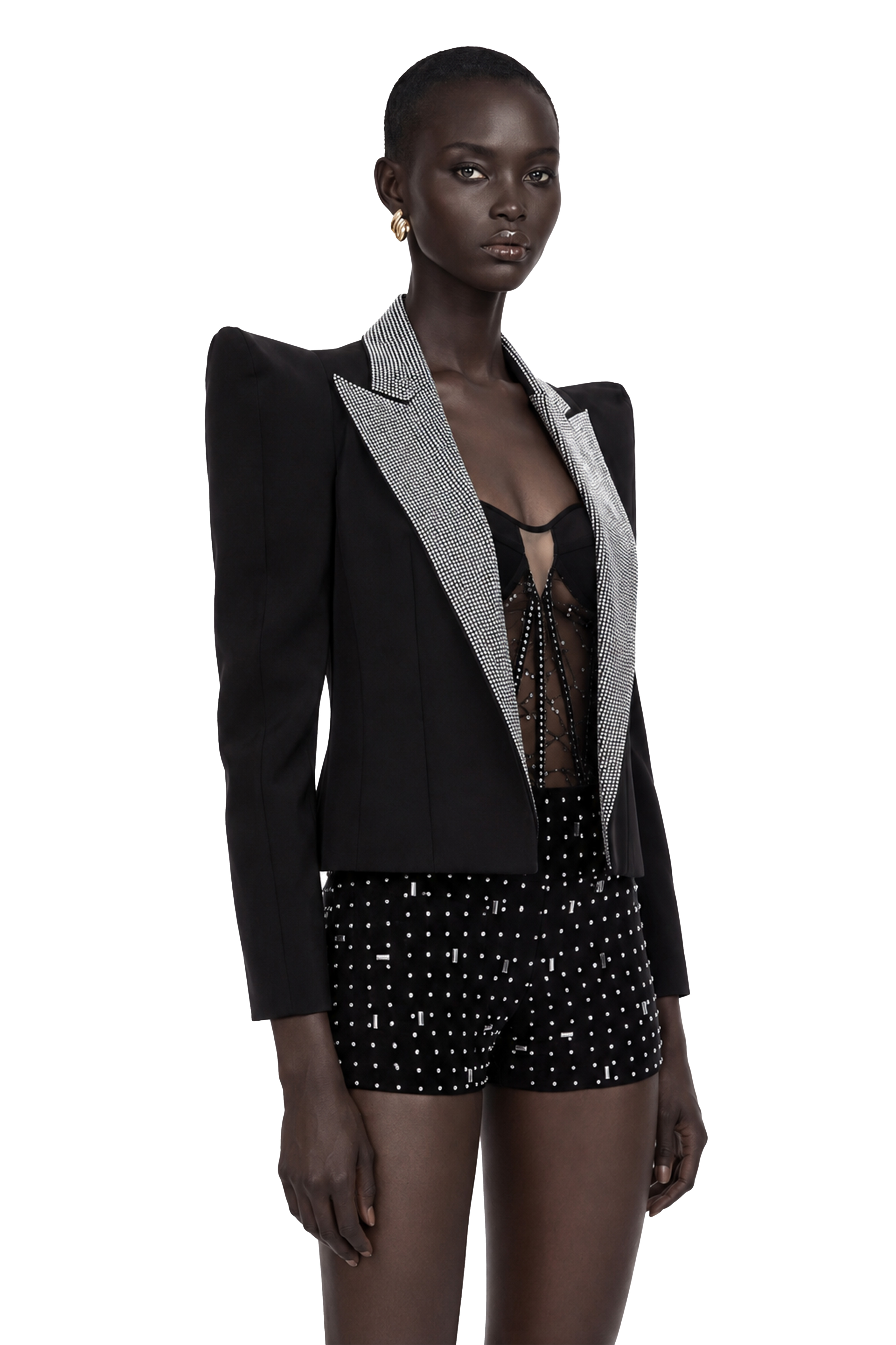 Annamaria Black Rhinestone Lapel Short Blazer
