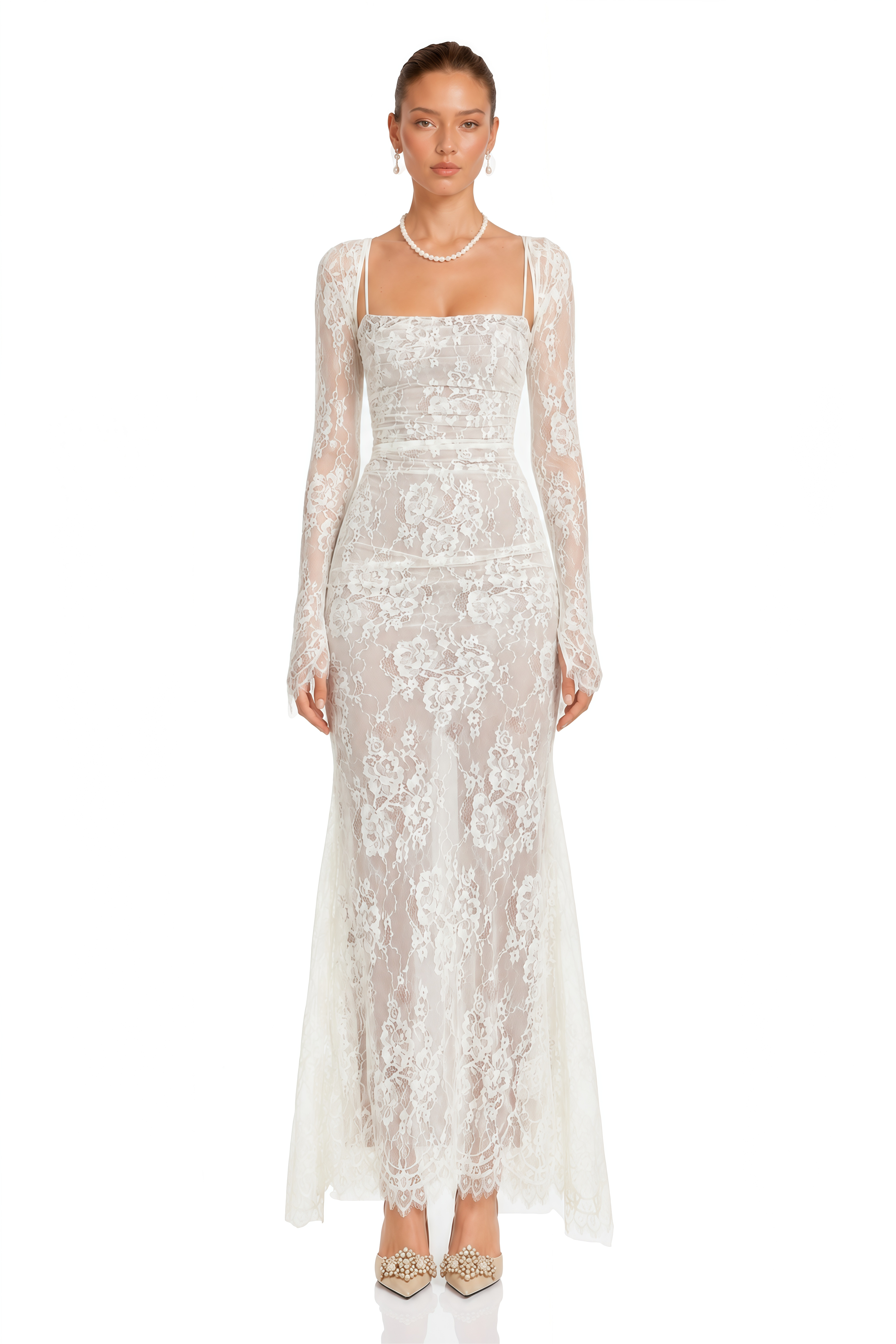 Valérie White Floral Lace Mesh Maxi Dress