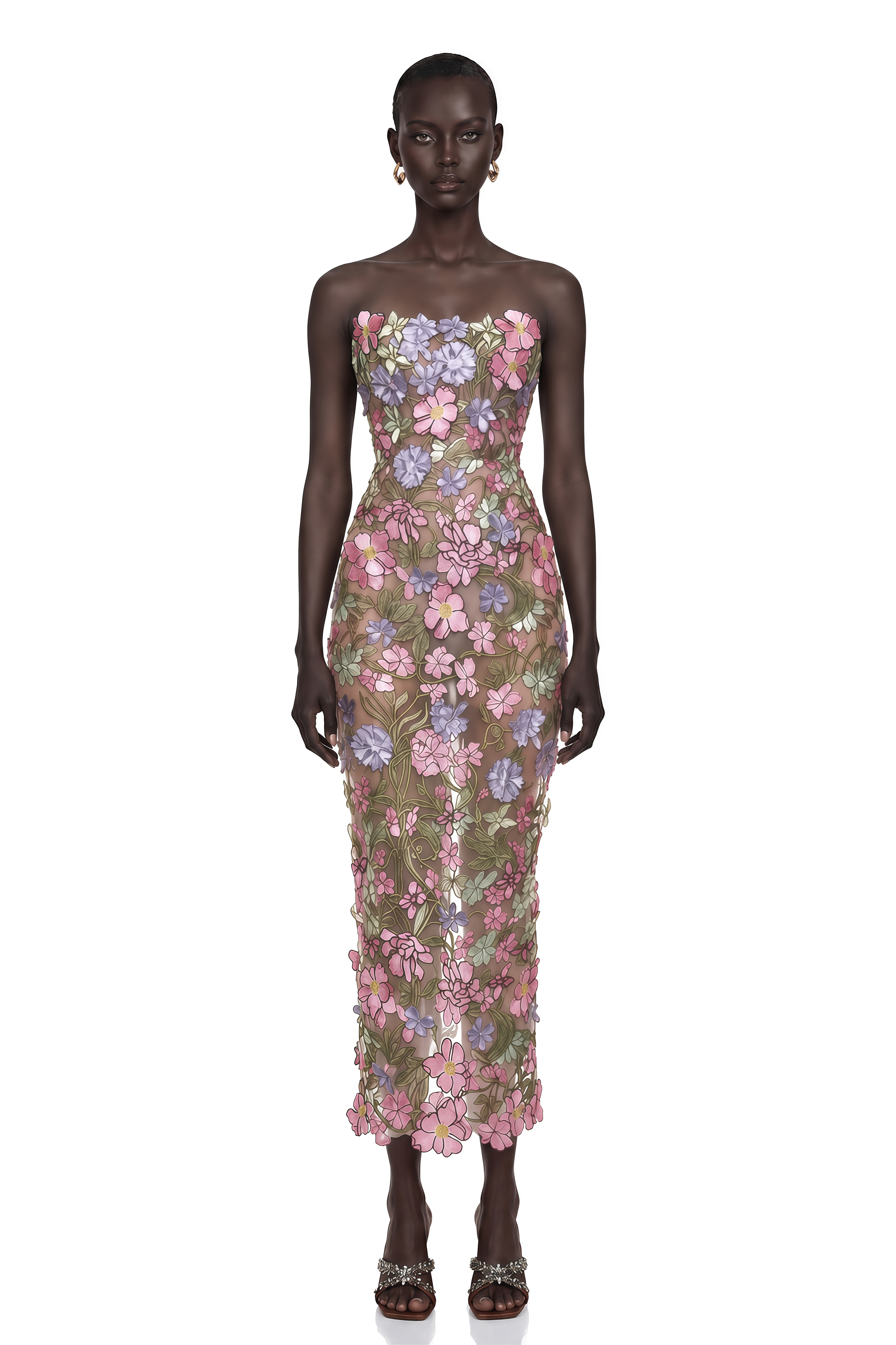 Qudsia Nude Floral Embroidered Maxi Dress