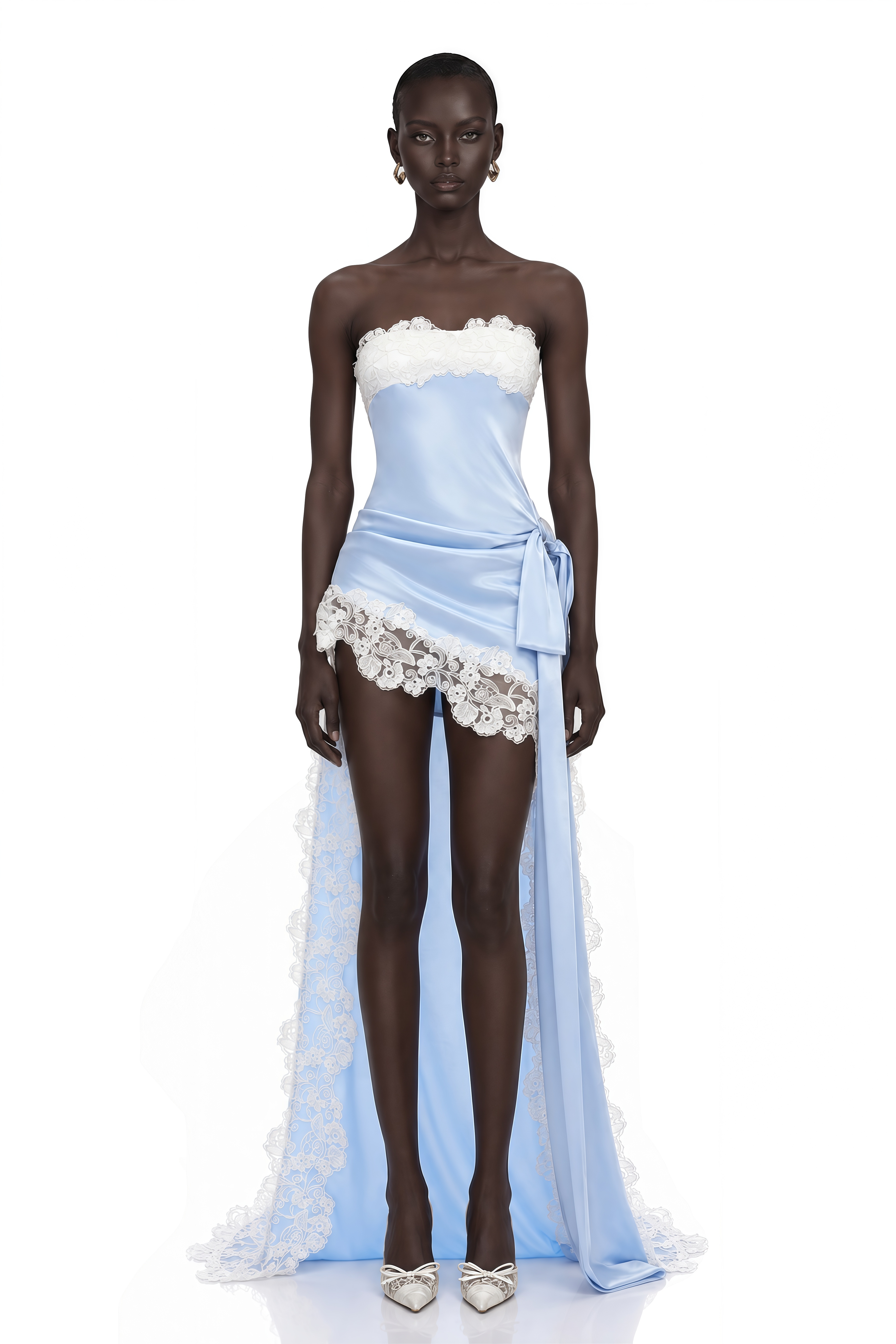Lola Blue Off Shoulder Asymmetrical Maxi Dress with Lace Trim