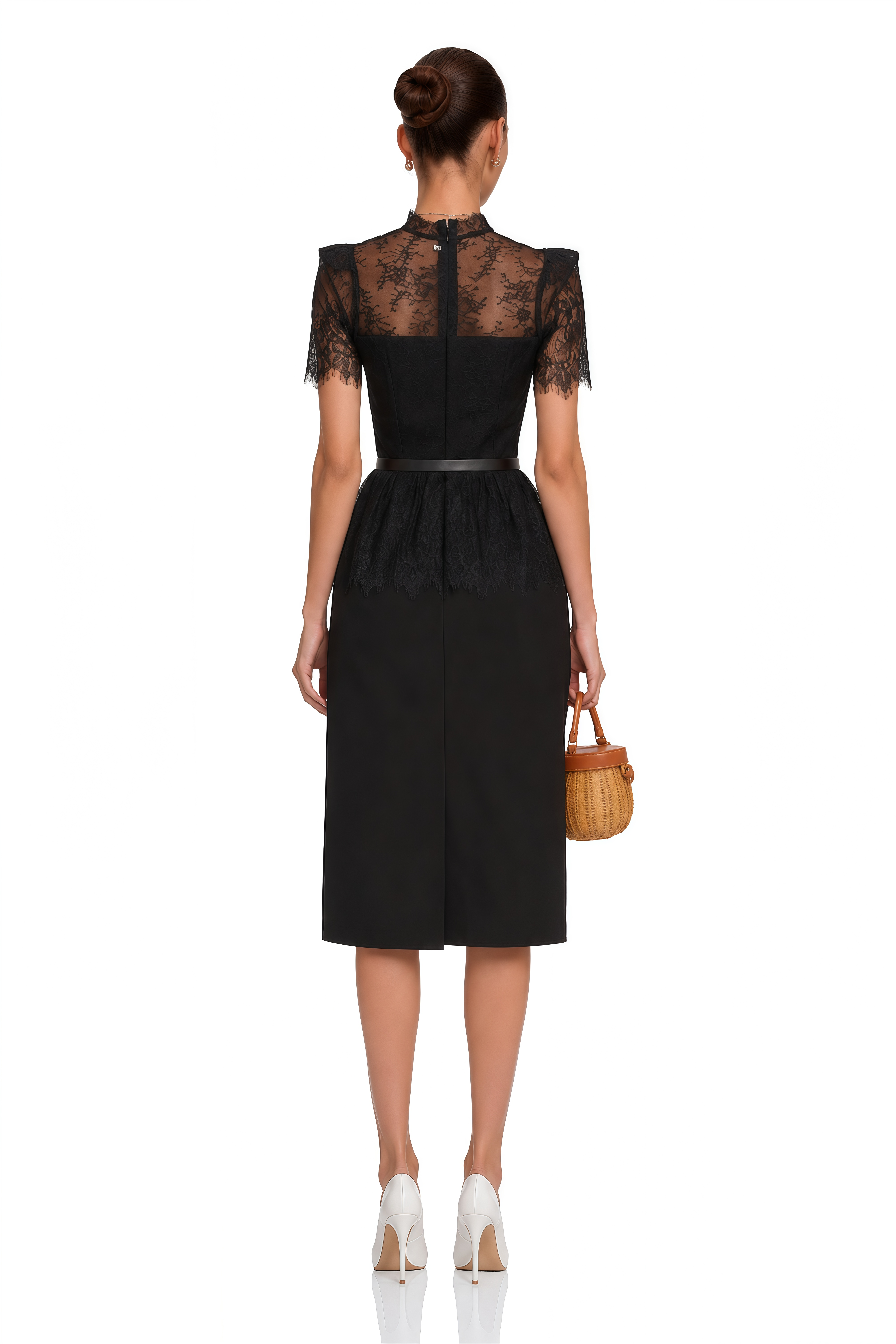 Thérèse Black Guipure-Lace Paneled Midi Dress (Without belt)