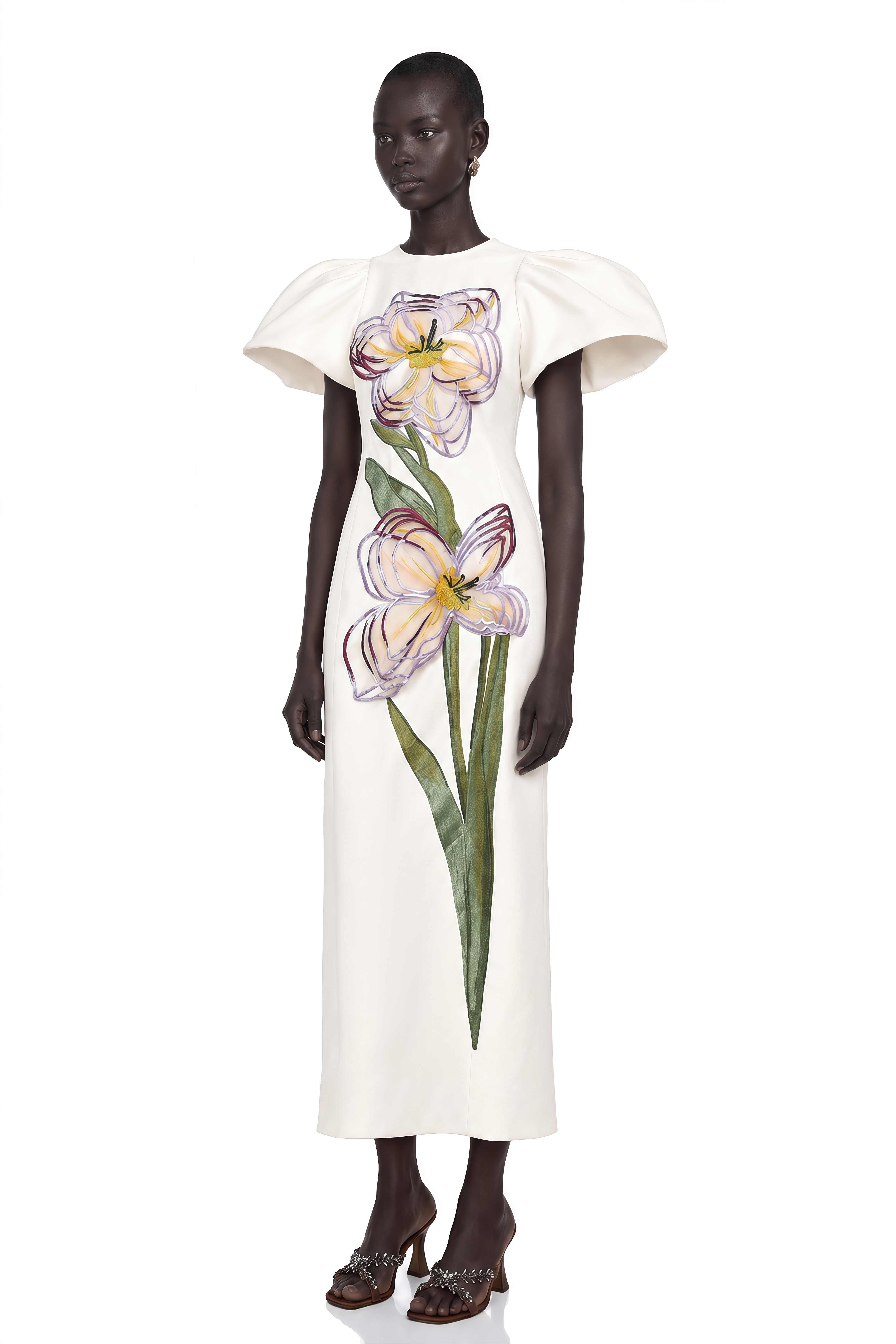 Irène White Sequin Floral Embroidered Midi Dress