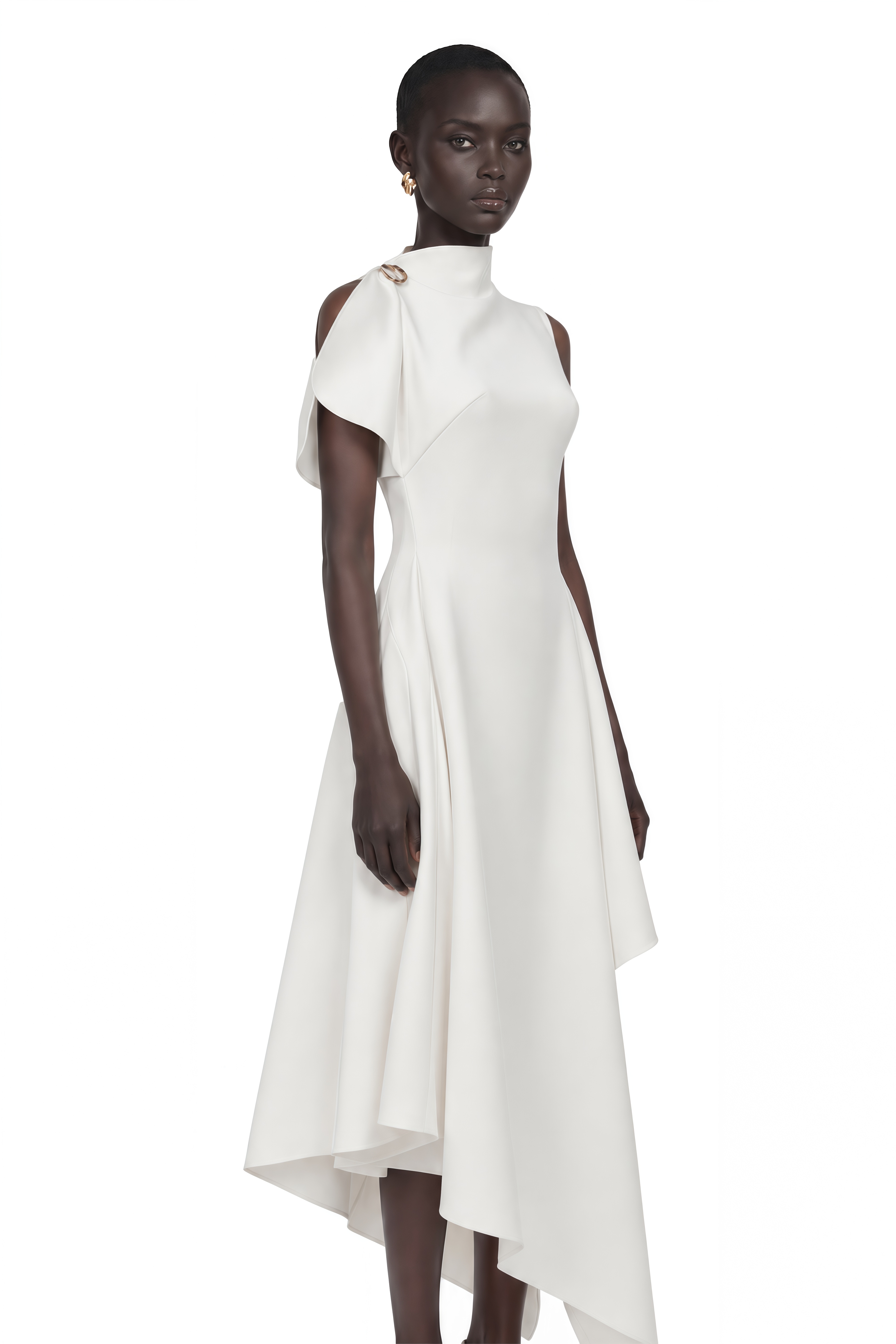 white asymmetrical dress with sleeves Liana Flared Midi Embrace the wow