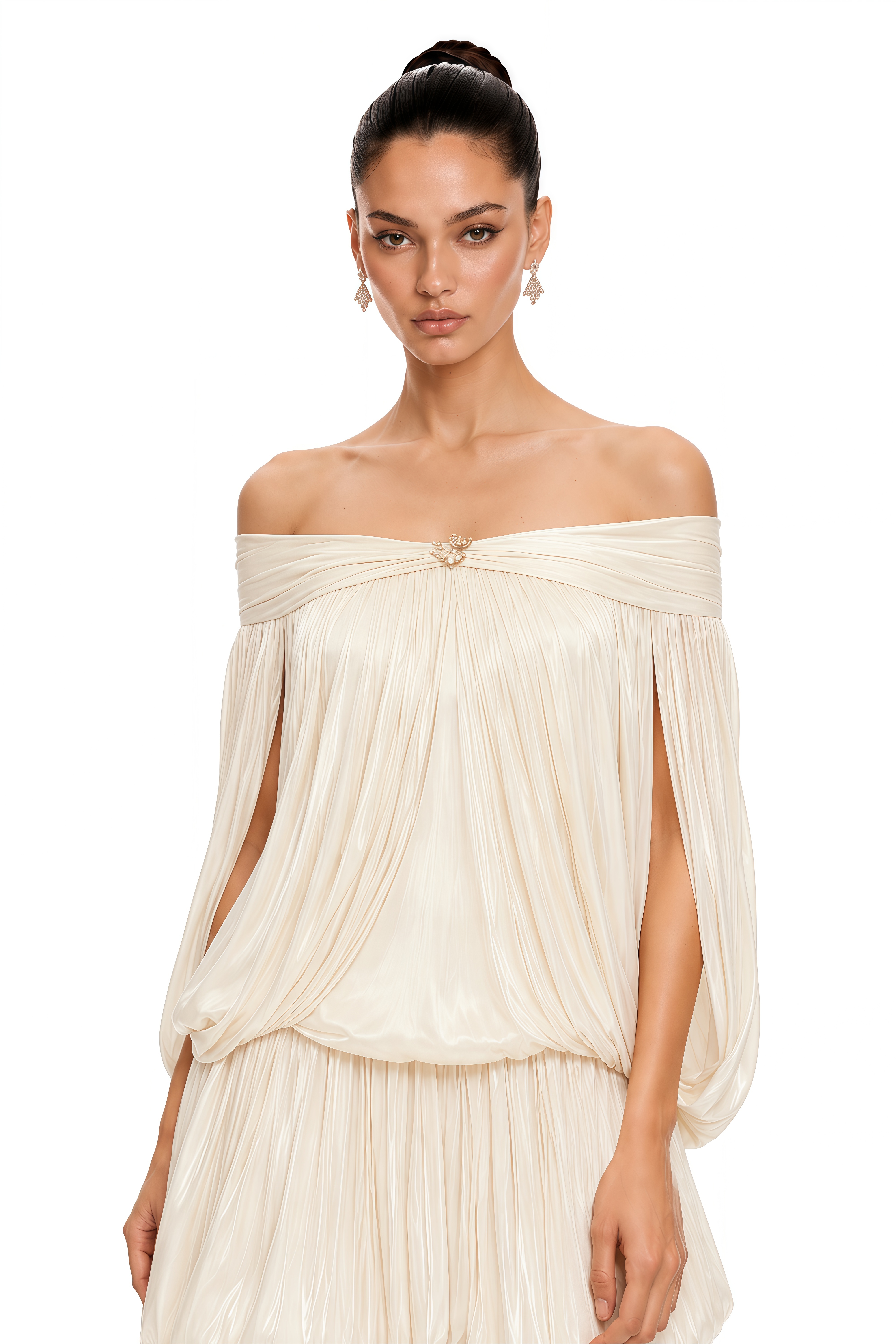 Shayla Neutral Asymmetrical Shirred Glossy Mini Dress